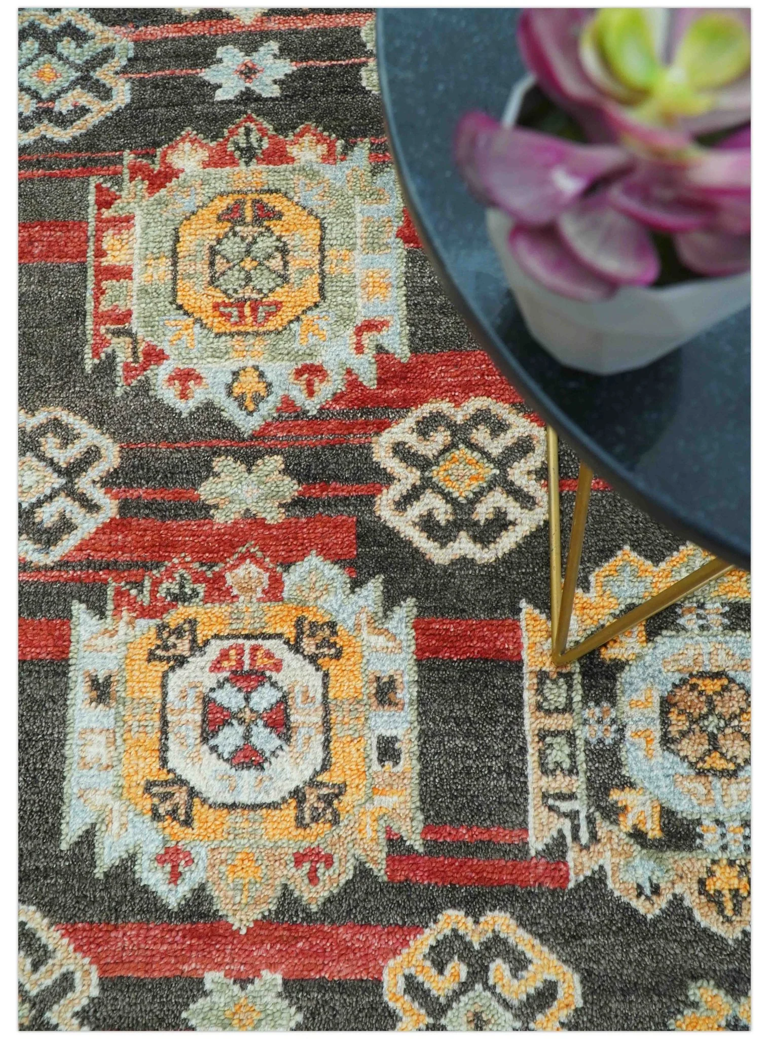 Rustic Hand knotted Traditional 8x10 Charcoal And Red Wool Rug - Image 8