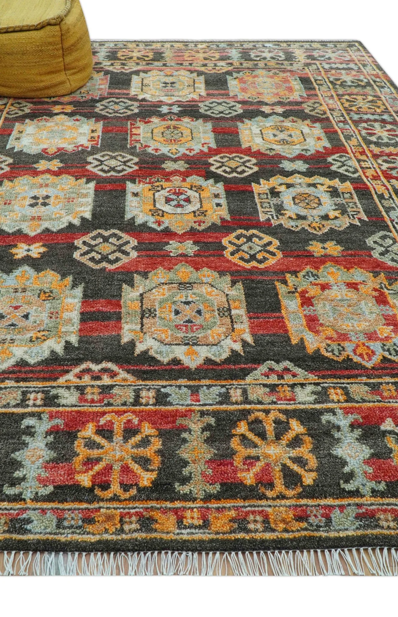 Rustic Hand knotted Traditional 8x10 Charcoal And Red Wool Rug - Image 9