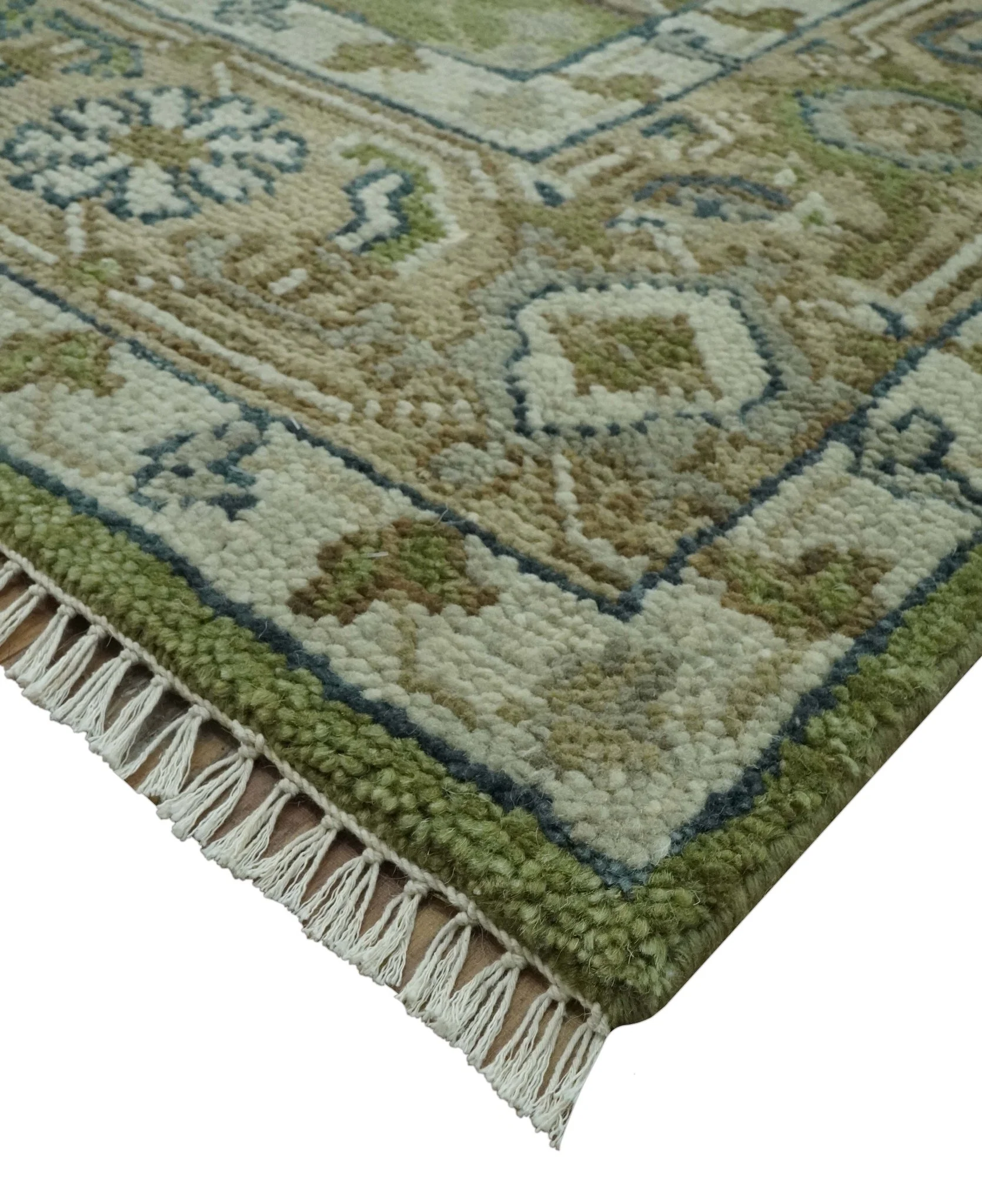 Custom Made Hand Knotted Traditional Green, Silver and Charcoal wool area rug - Image 5