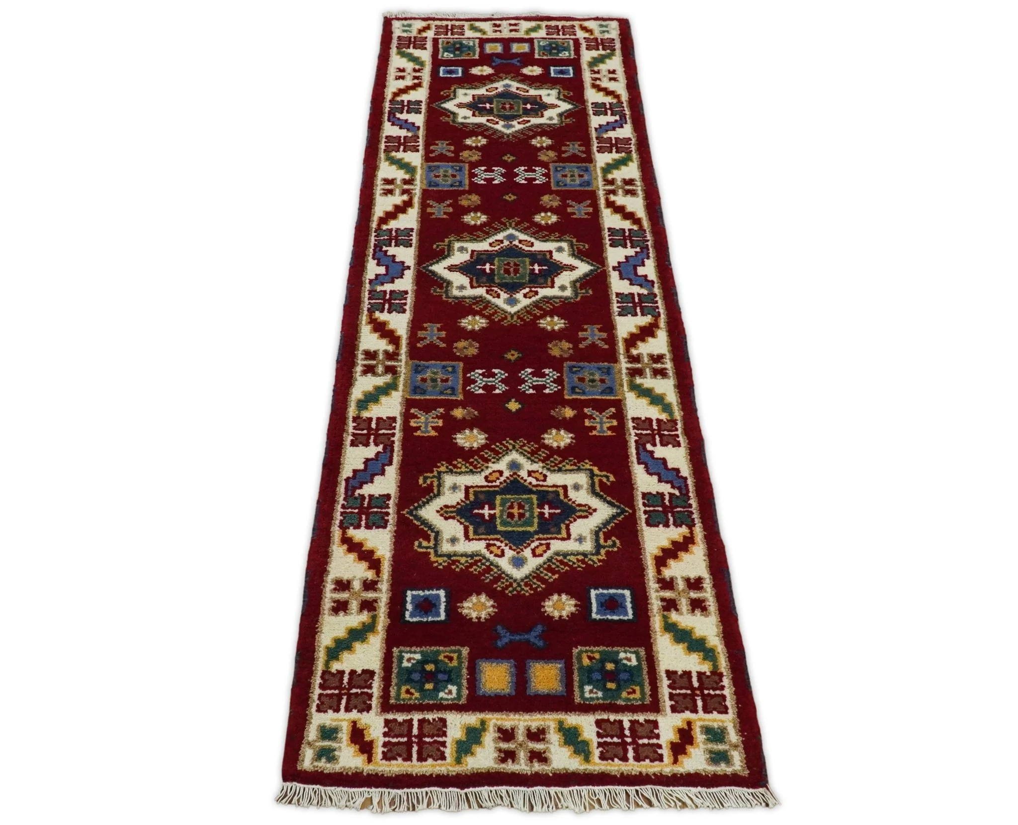 2x7 Hand Knotted Antique Kazak Runner Blue and Rust Traditional Tribal Armenian Rug | KZA1 - Image 4