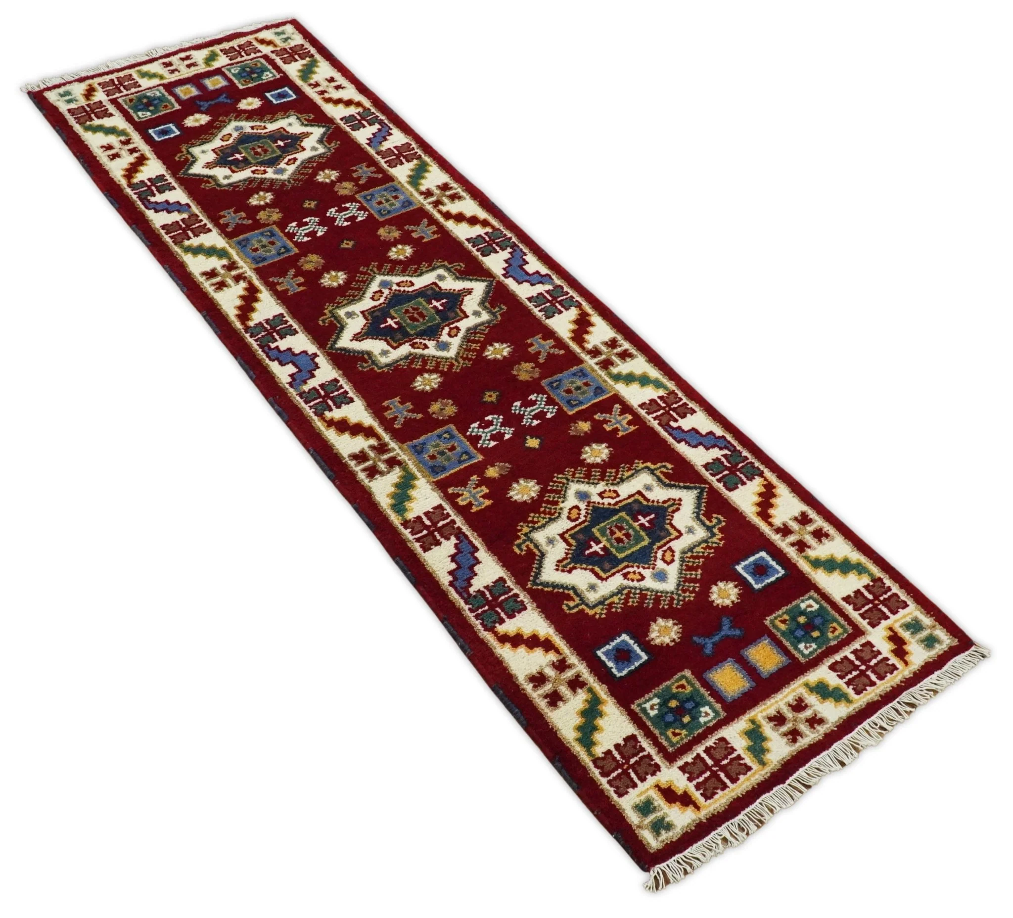 2x7 Hand Knotted Antique Kazak Runner Blue and Rust Traditional Tribal Armenian Rug | KZA1 - Image 5