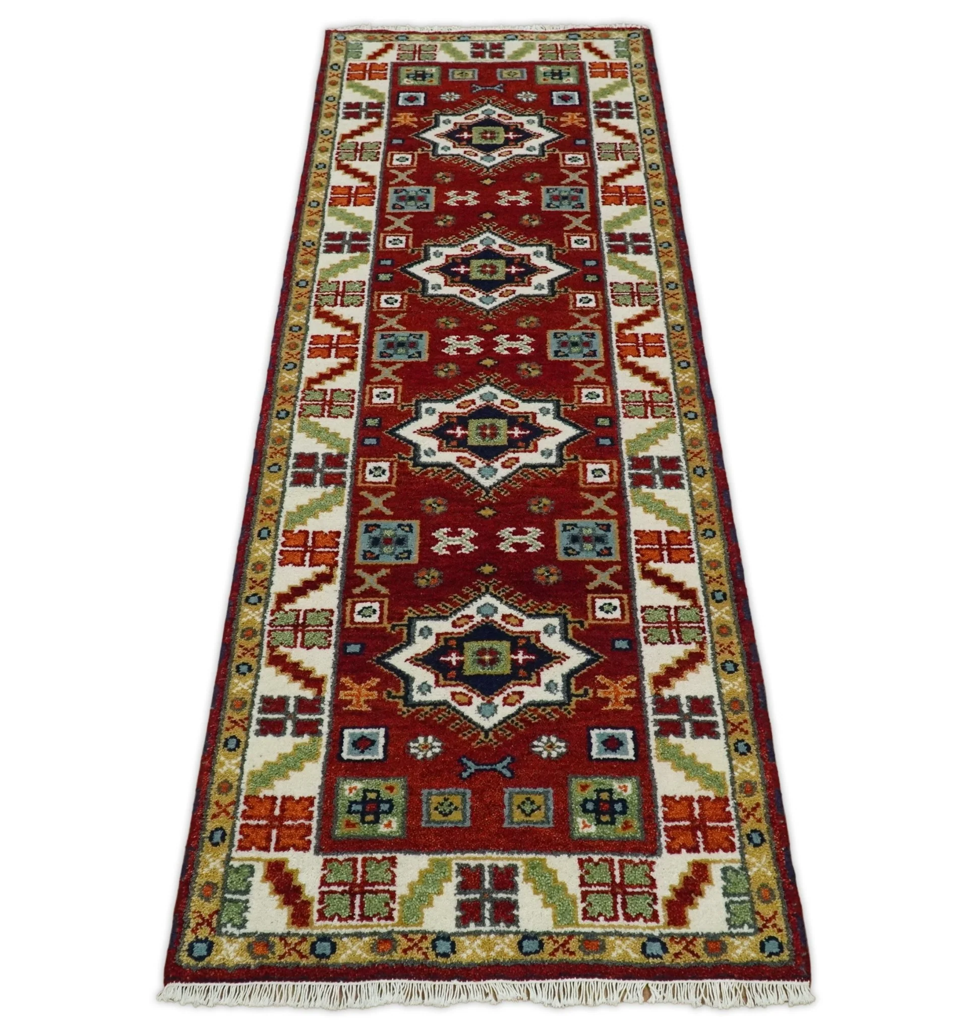 2.9x8 Hand Knotted Antique Kazak Runner Blue and Rust Traditional Tribal Armenian Rug | KZA6 - Image 6