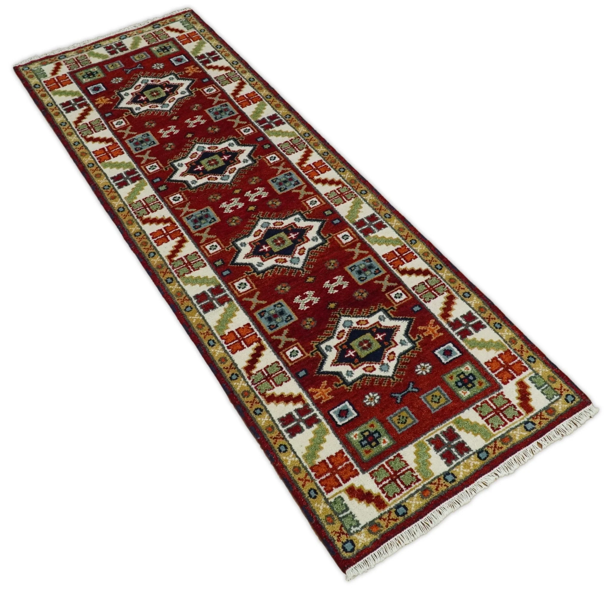 2.9x8 Hand Knotted Antique Kazak Runner Blue and Rust Traditional Tribal Armenian Rug | KZA6 - Image 7