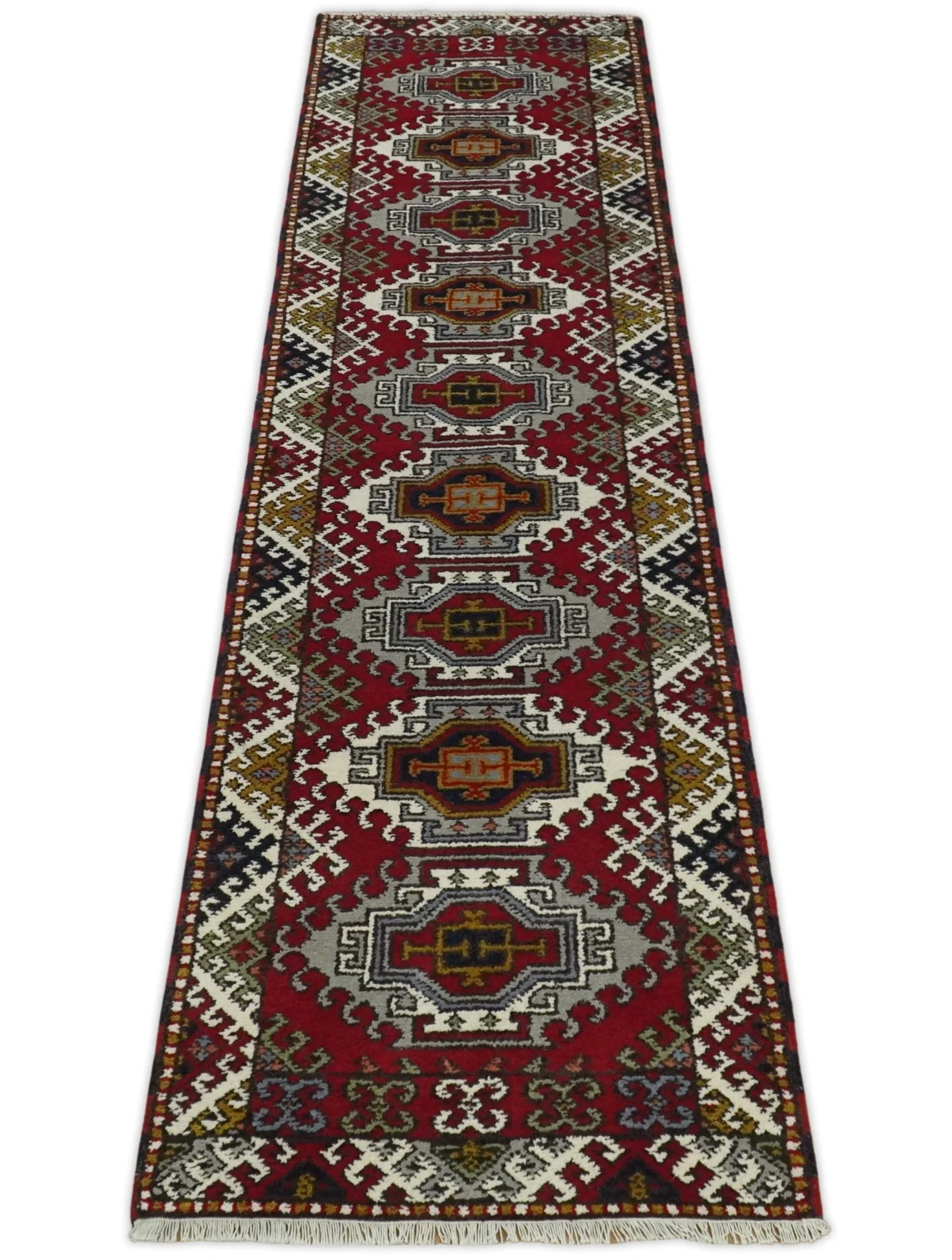 Hand Knotted Antique Kazak Runner Ivory and Red Traditional Tribal Armenian Rug | KZA4 - Image 7