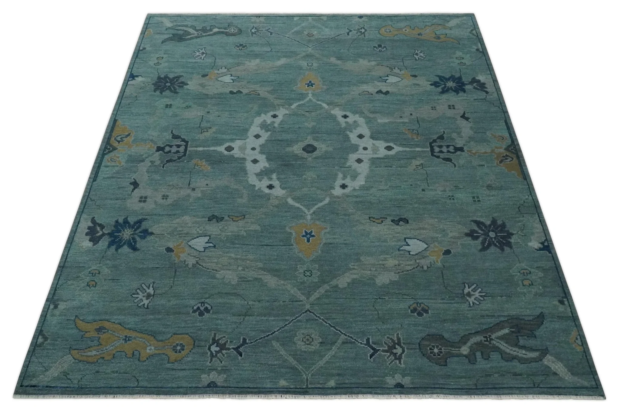 Hand Knotted Traditional Oriental Oushak Antique Style Green Wool Area Rug - Image 10