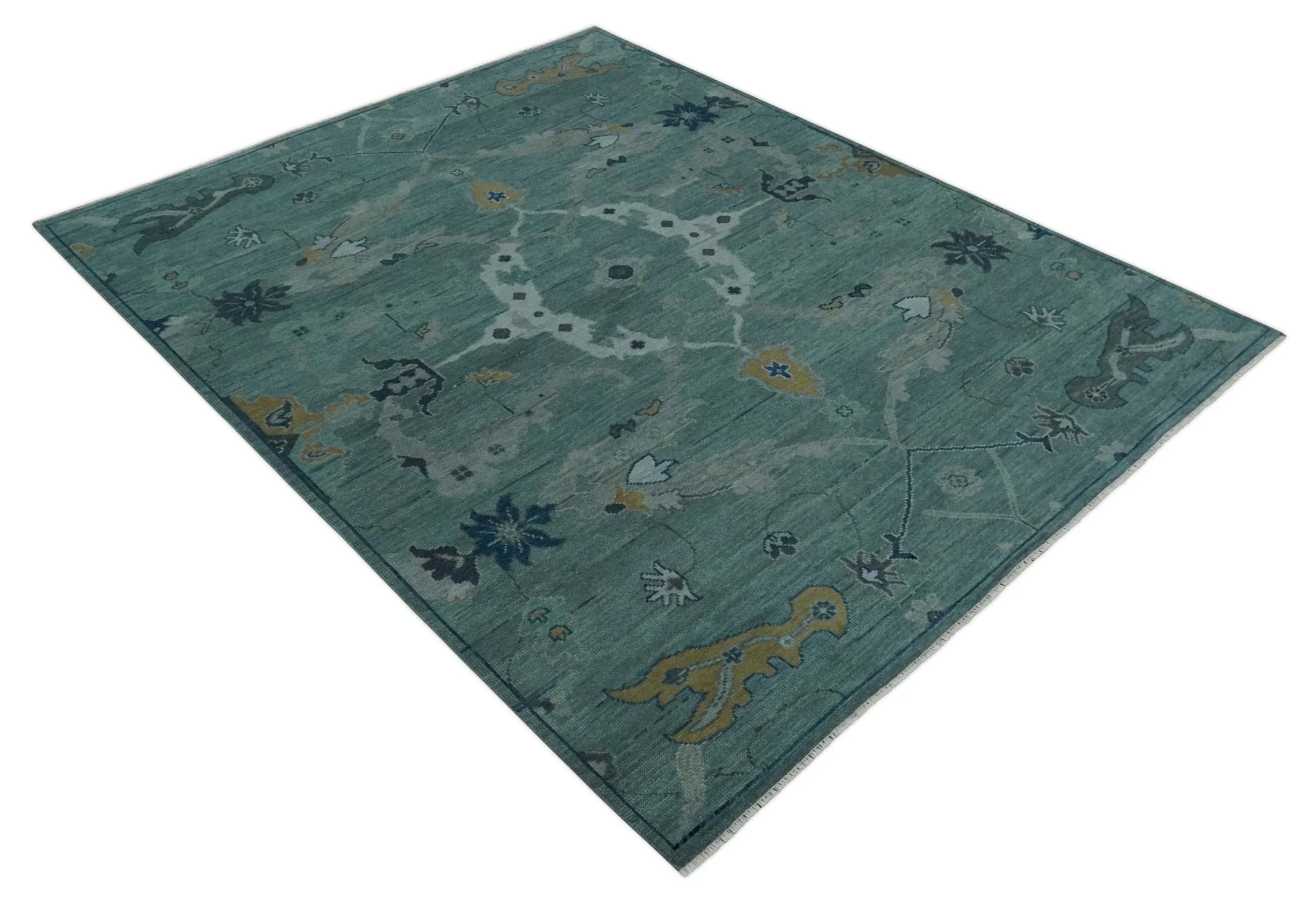 Hand Knotted Traditional Oriental Oushak Antique Style Green Wool Area Rug - Image 9