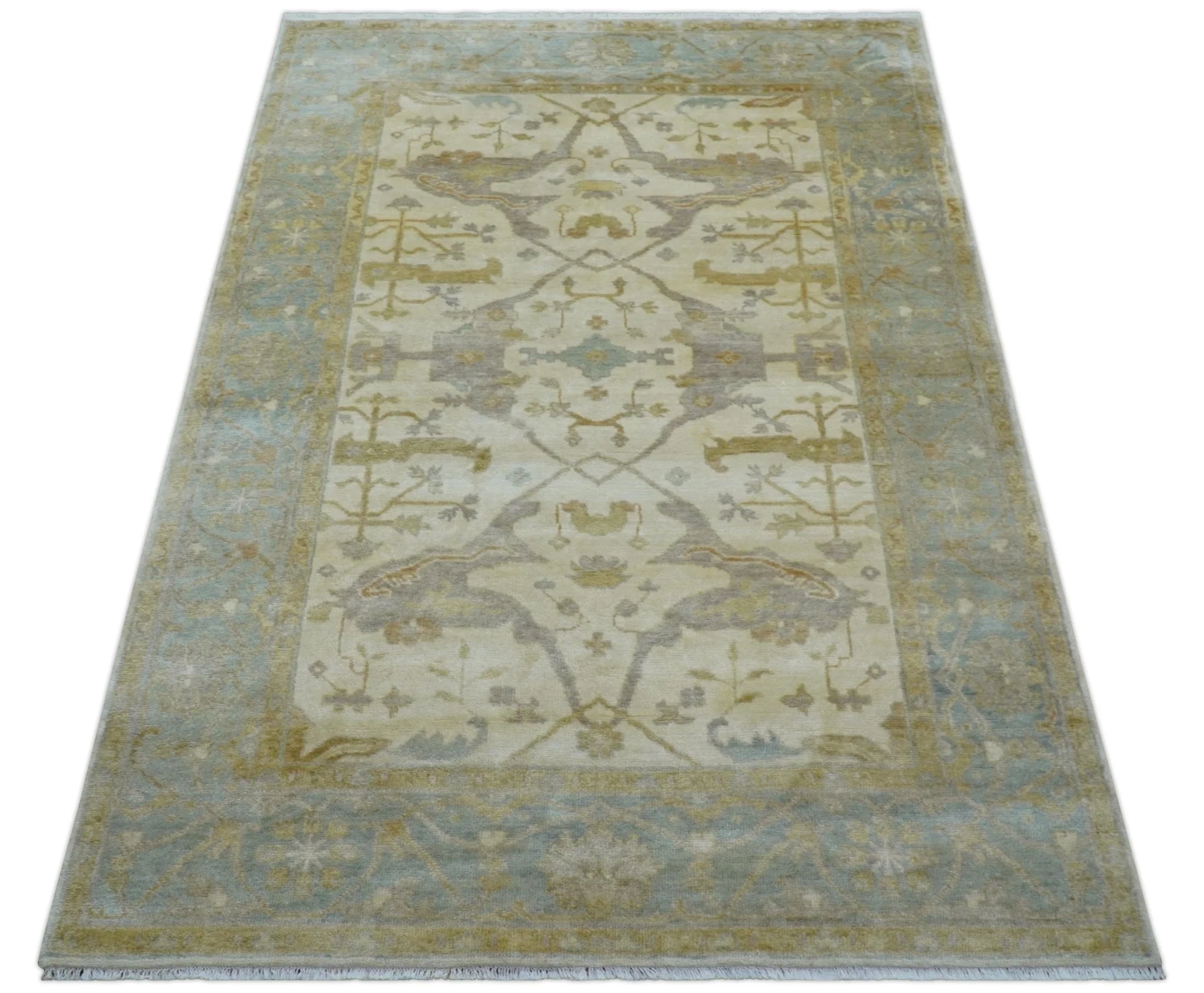 Hand Knotted Traditional Oushak Design Beige And Gray 6x9 Wool Area Rug - Image 11