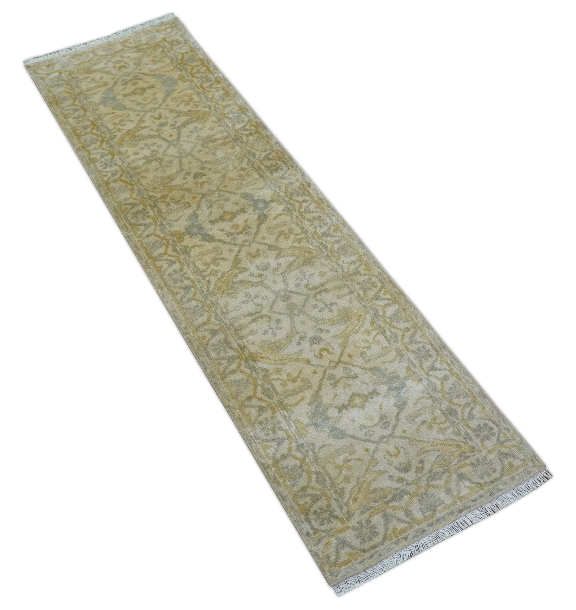 Runner Hand Knotted Traditional Oushak Design Beige 3x10 Wool Rug - Image 8