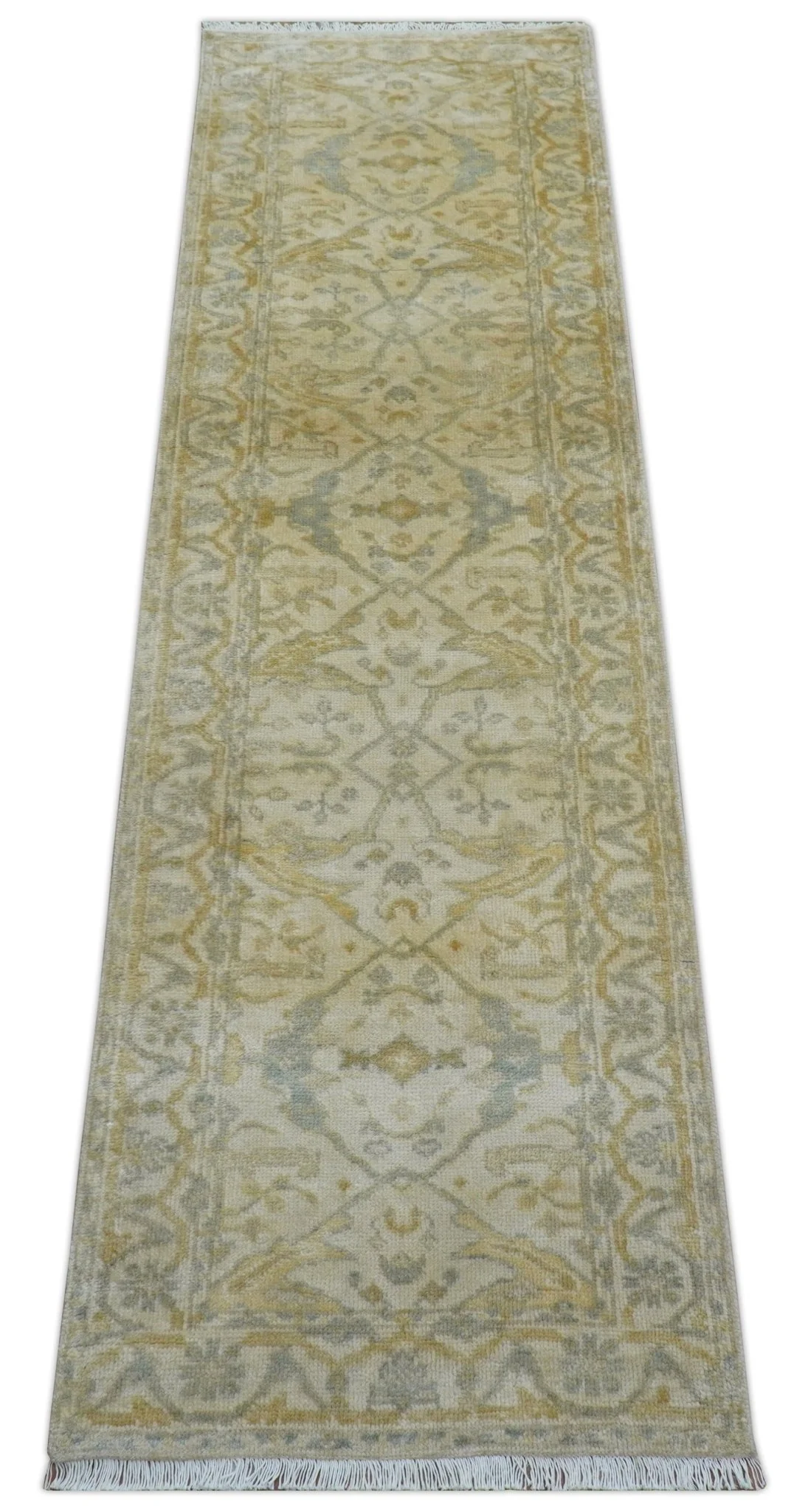 Runner Hand Knotted Traditional Oushak Design Beige 3x10 Wool Rug - Image 9
