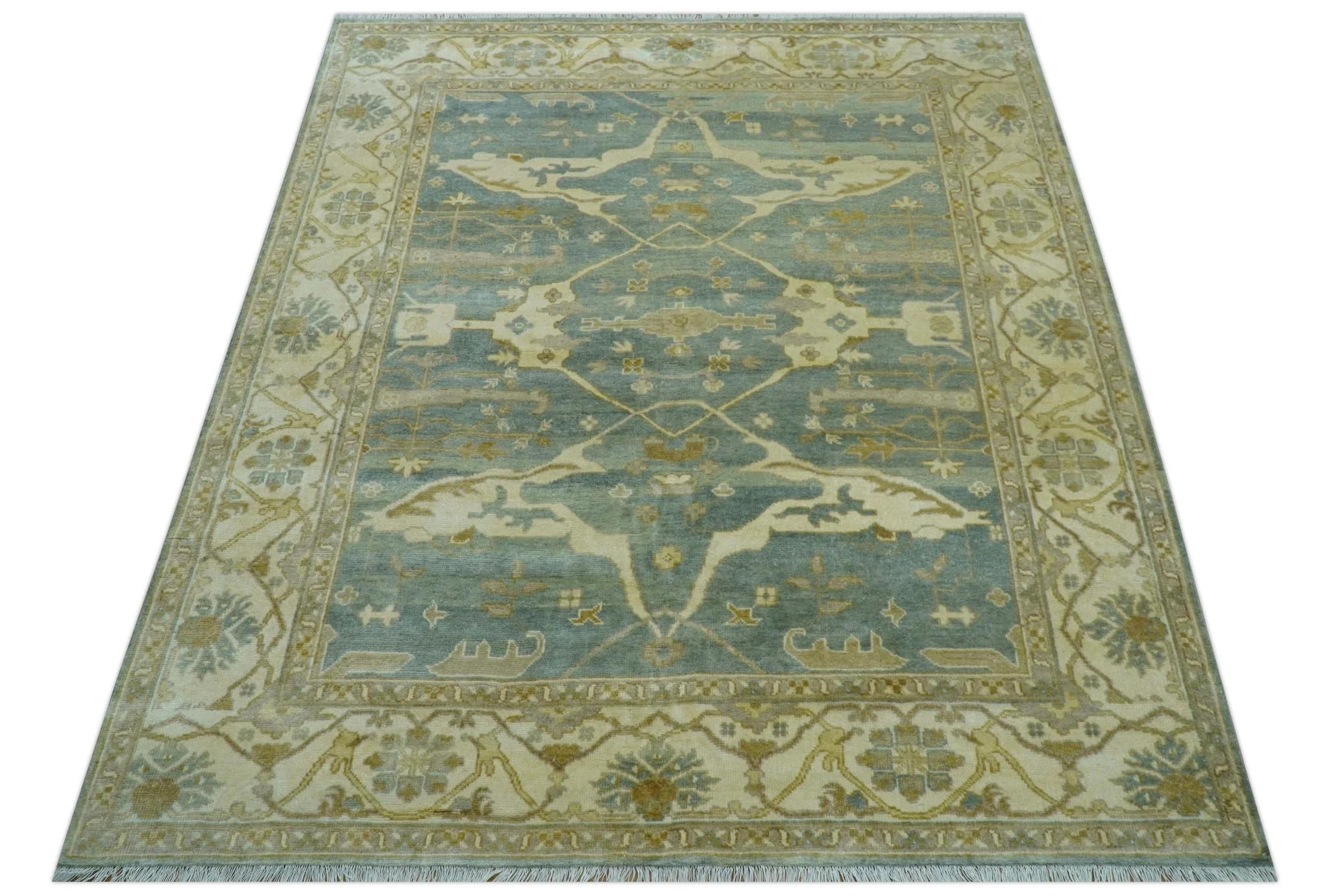 Hand Knotted Traditional Oushak Design Blue And Beige 8x10 Wool Area Rug - Image 10
