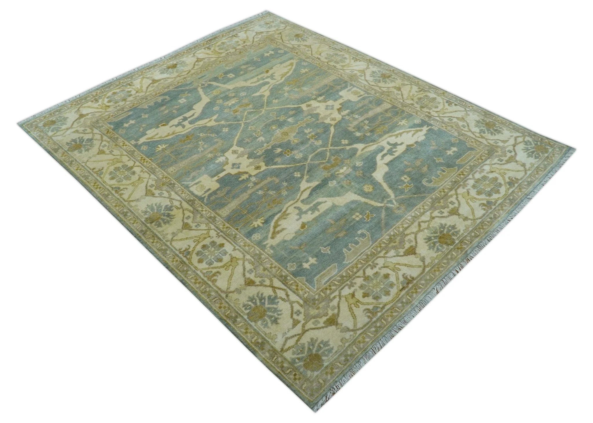 Hand Knotted Traditional Oushak Design Blue And Beige 8x10 Wool Area Rug - Image 11