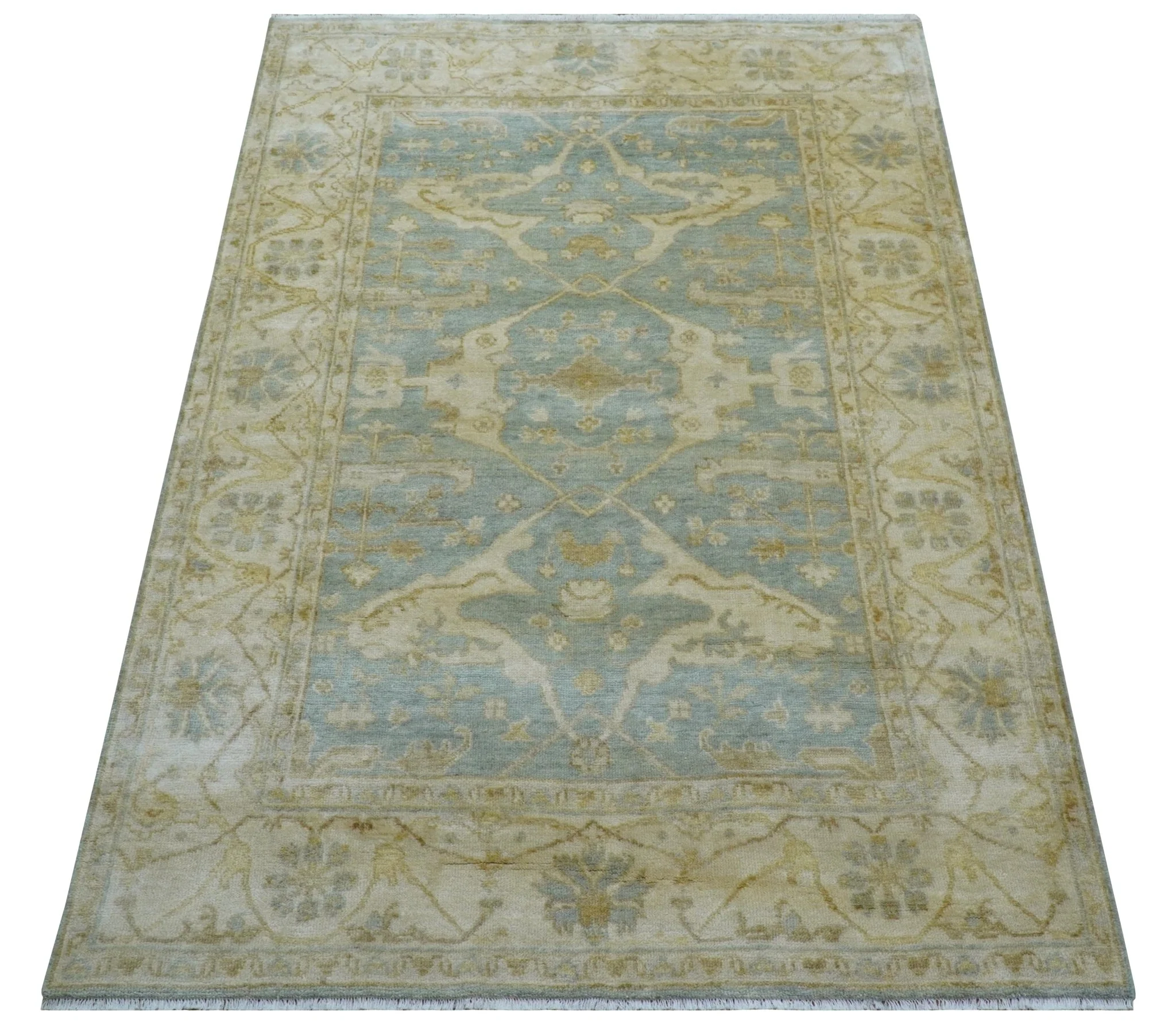 Hand Knotted Traditional Oushak Design Blue And Beige 6x9 Wool Rug - Image 10