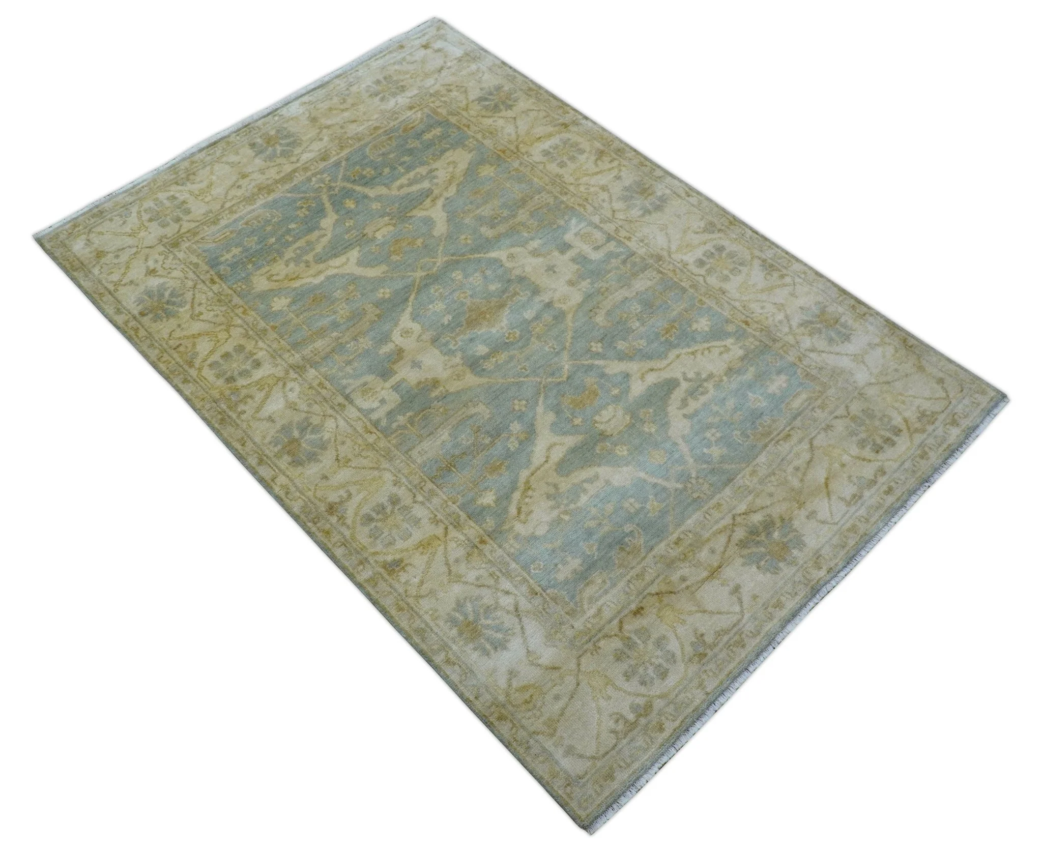 Hand Knotted Traditional Oushak Design Blue And Beige 6x9 Wool Rug - Image 11