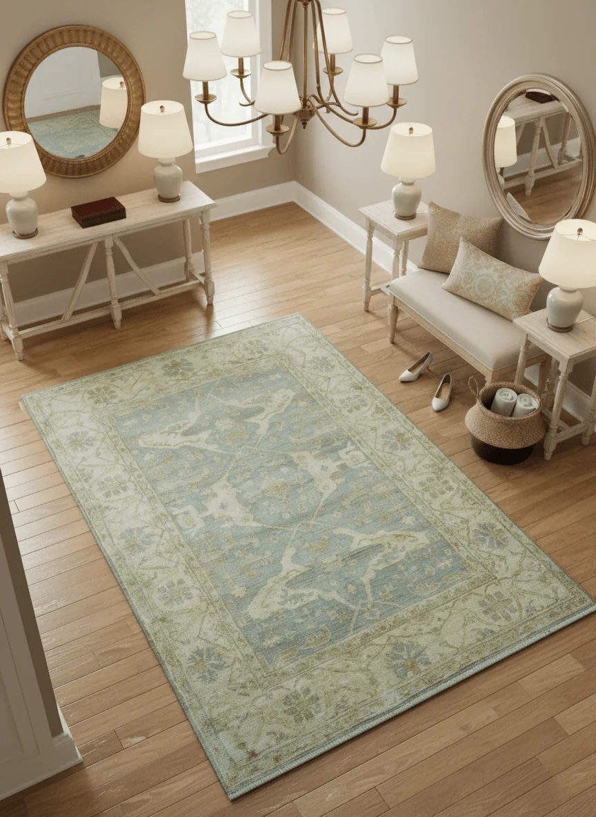 Hand Knotted Traditional Oushak Design Blue And Beige 6x9 Wool Rug - Image 2