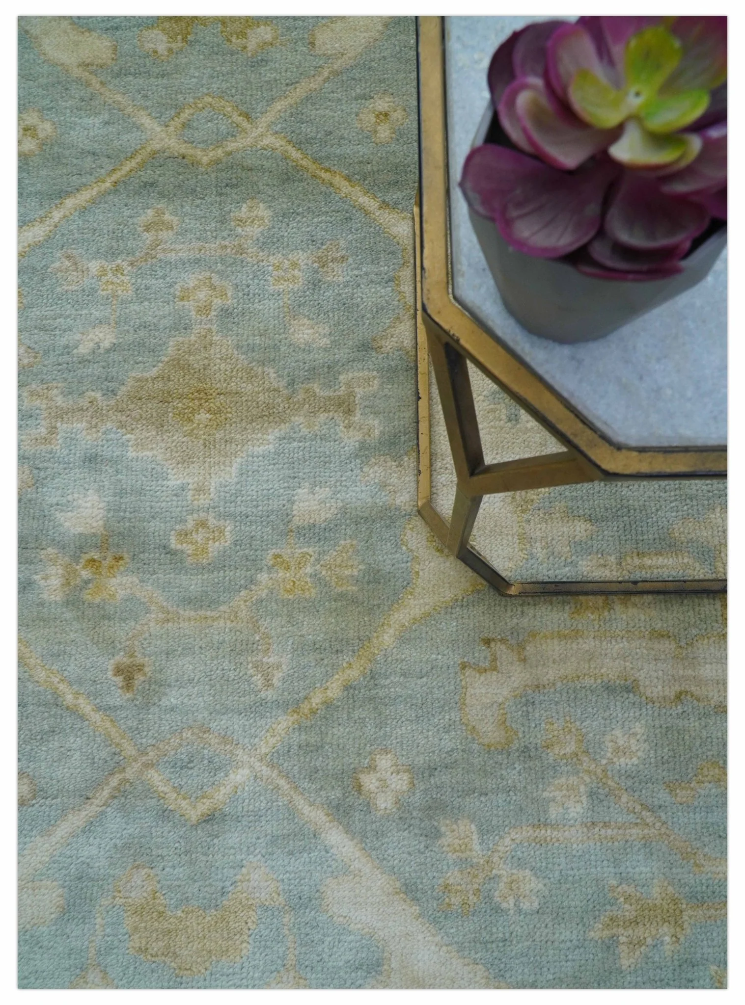 Hand Knotted Traditional Oushak Design Blue And Beige 6x9 Wool Rug - Image 3