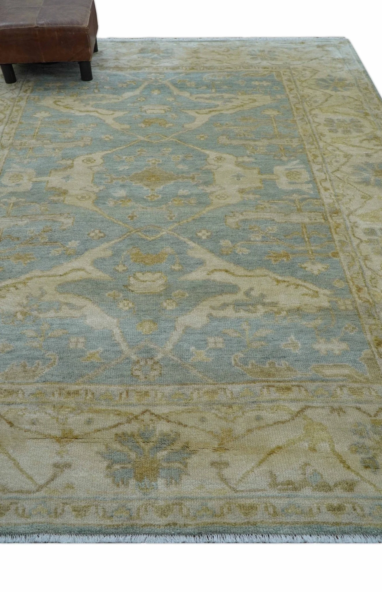 Hand Knotted Traditional Oushak Design Blue And Beige 6x9 Wool Rug - Image 9