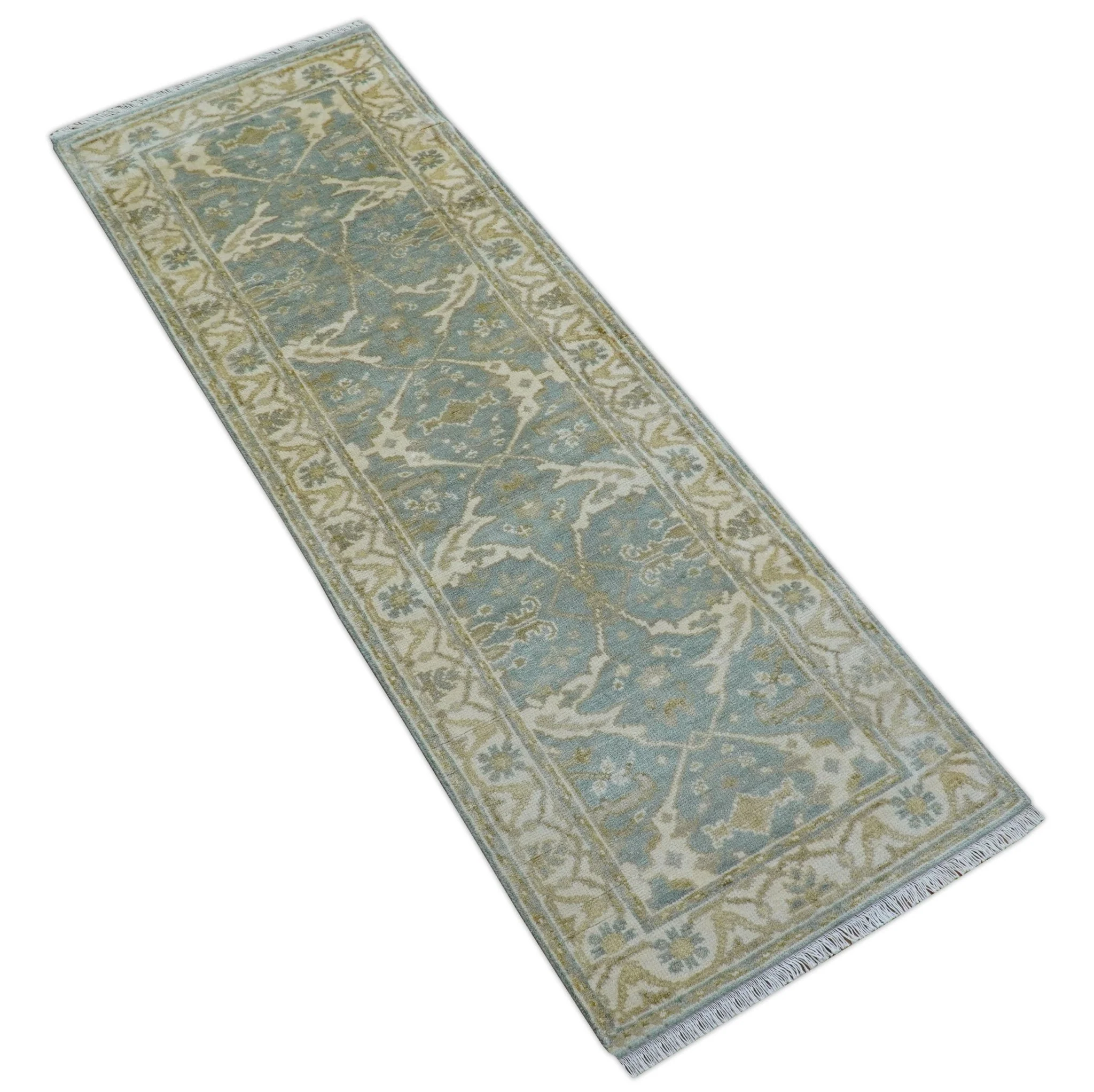 Hand Knotted Oushak Design Gray And Beige 2.8x8 Wool Rug - Image 8