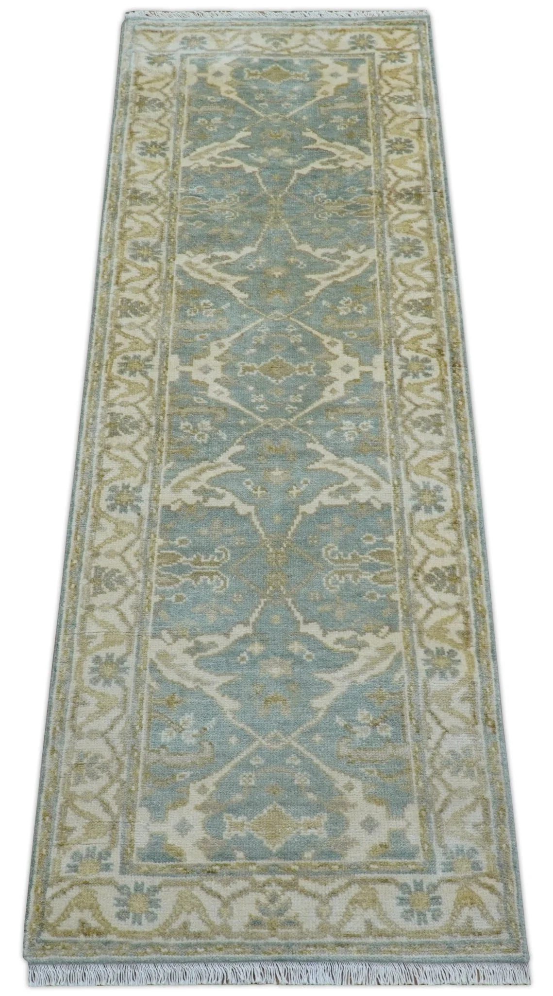 Hand Knotted Oushak Design Gray And Beige 2.8x8 Wool Rug - Image 9