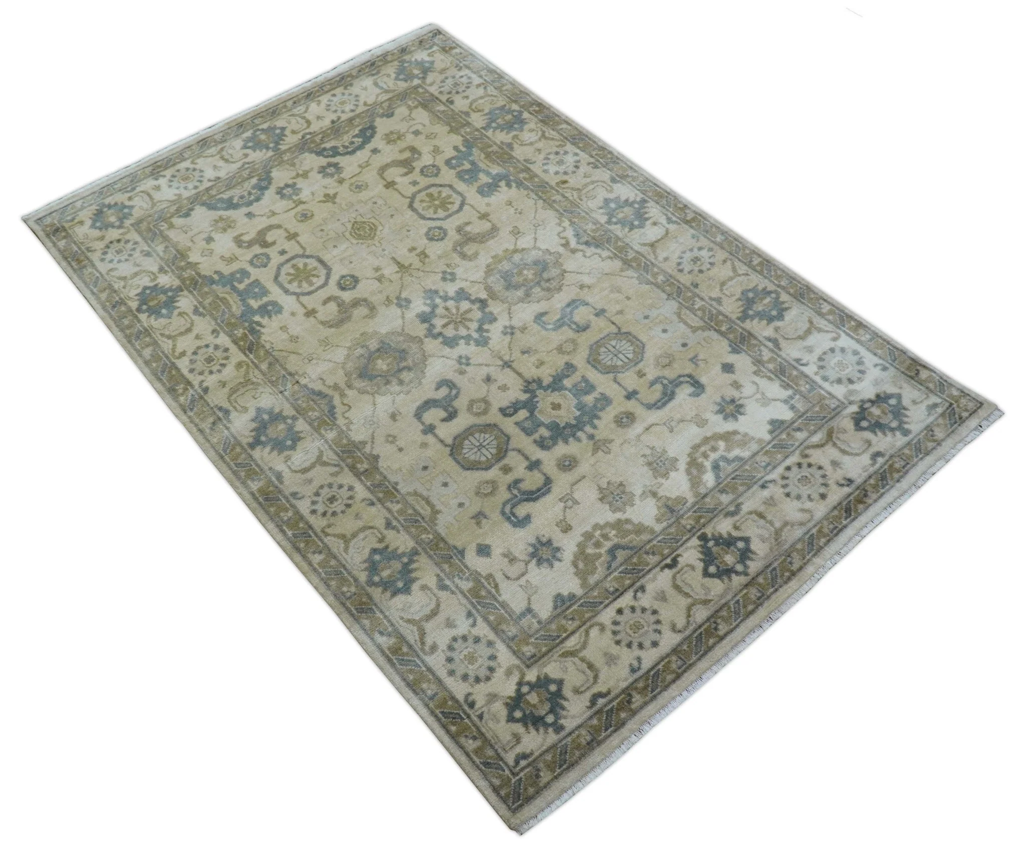 Hand Knotted Traditional Oushak Design Ivory And Gray 6x9 Wool Rug - Image 10