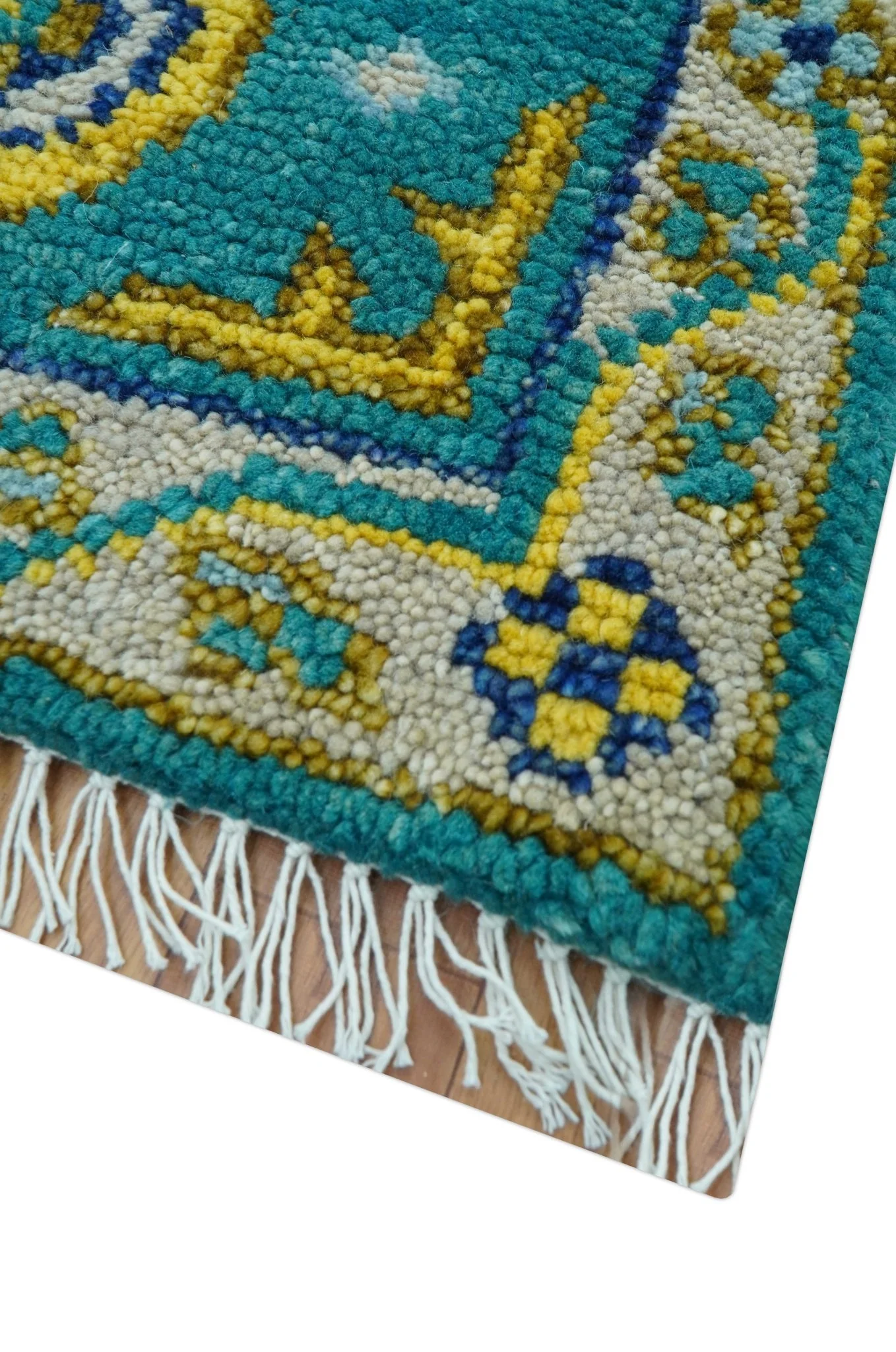 Hand knotted 2x3 Yellow And Teal Traditional Khotan Design Wool Area Rug - Image 10