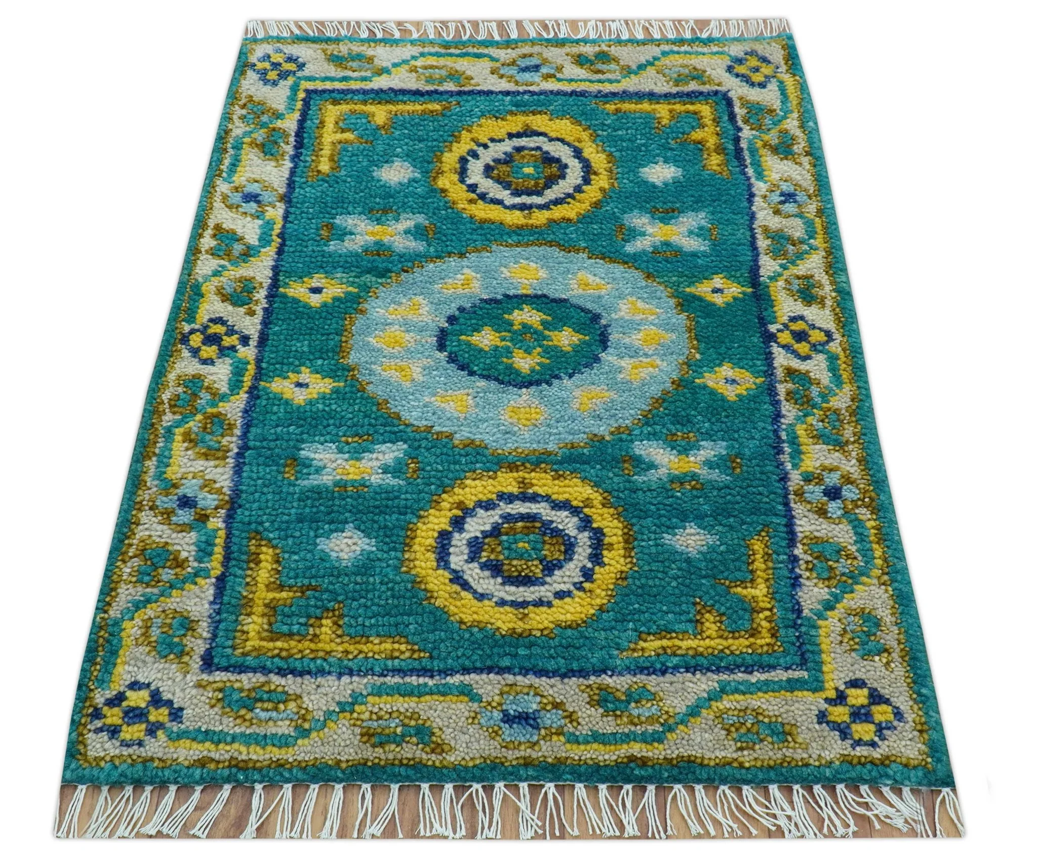 Hand knotted 2x3 Yellow And Teal Traditional Khotan Design Wool Area Rug - Image 3