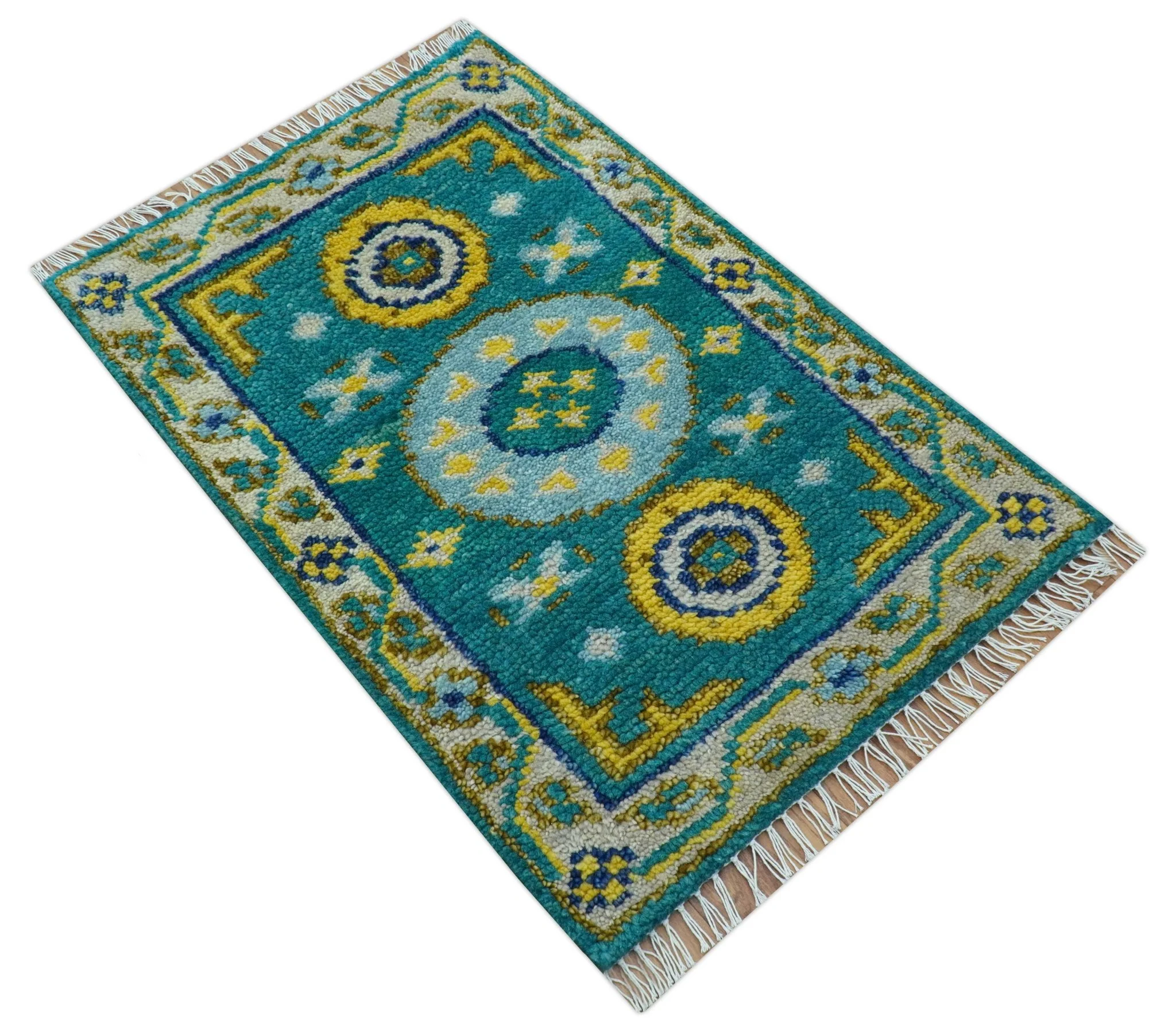 Hand knotted 2x3 Yellow And Teal Traditional Khotan Design Wool Area Rug - Image 4