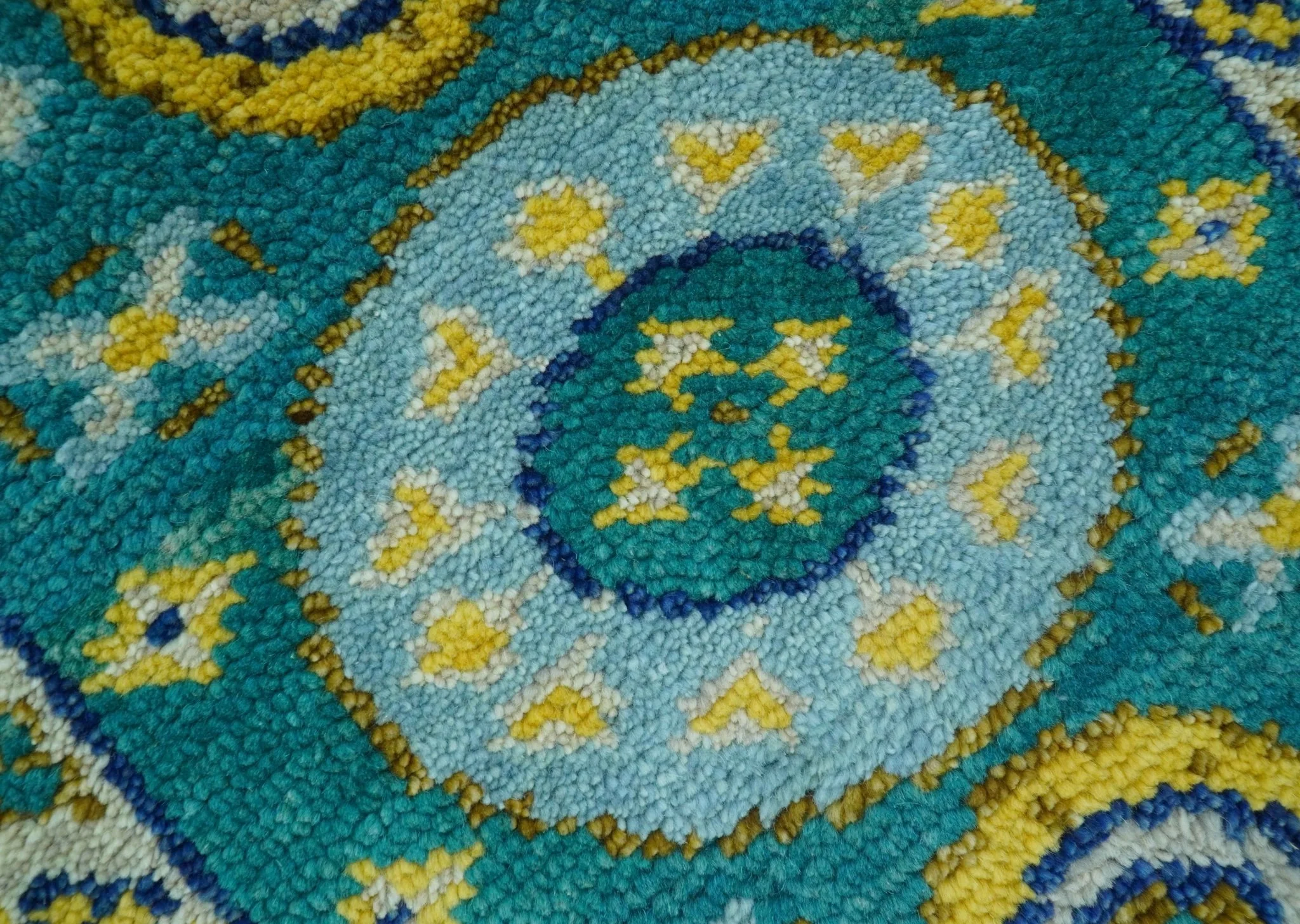 Hand knotted 2x3 Yellow And Teal Traditional Khotan Design Wool Area Rug - Image 5