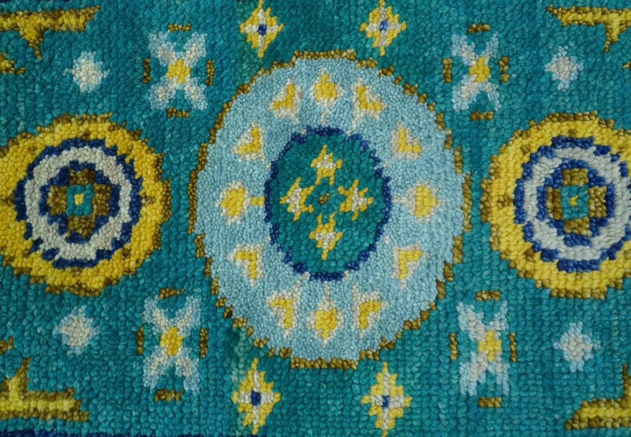 Hand knotted 2x3 Yellow And Teal Traditional Khotan Design Wool Area Rug - Image 6