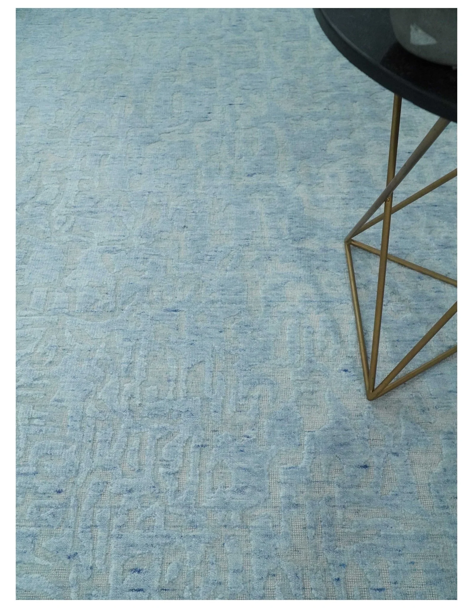 Modern Abstract 8x10 Hand Loomed Silver and Aqua High Low Pile Blended Wool Rug - Image 2