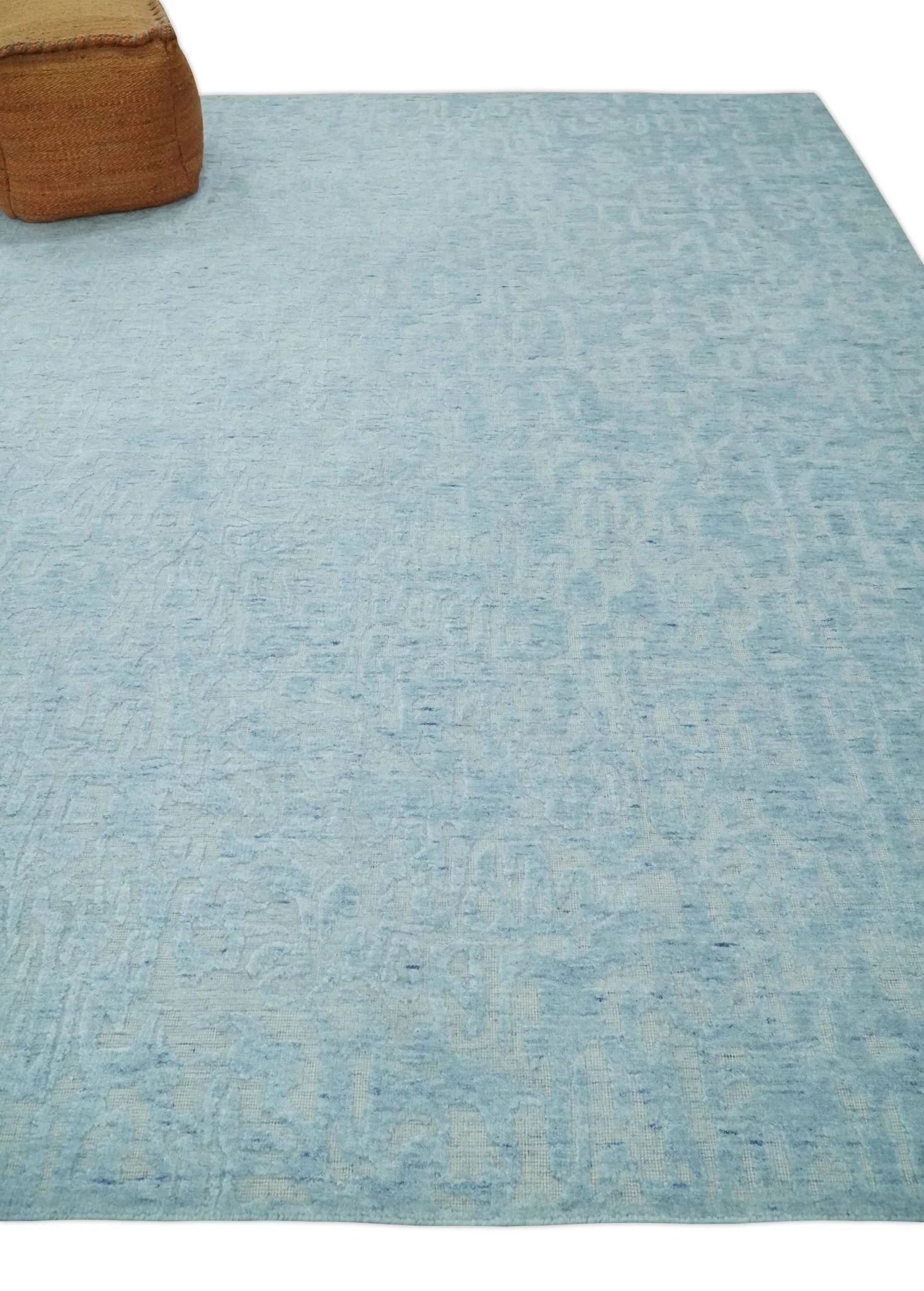 Modern Abstract 8x10 Hand Loomed Silver and Aqua High Low Pile Blended Wool Rug - Image 3