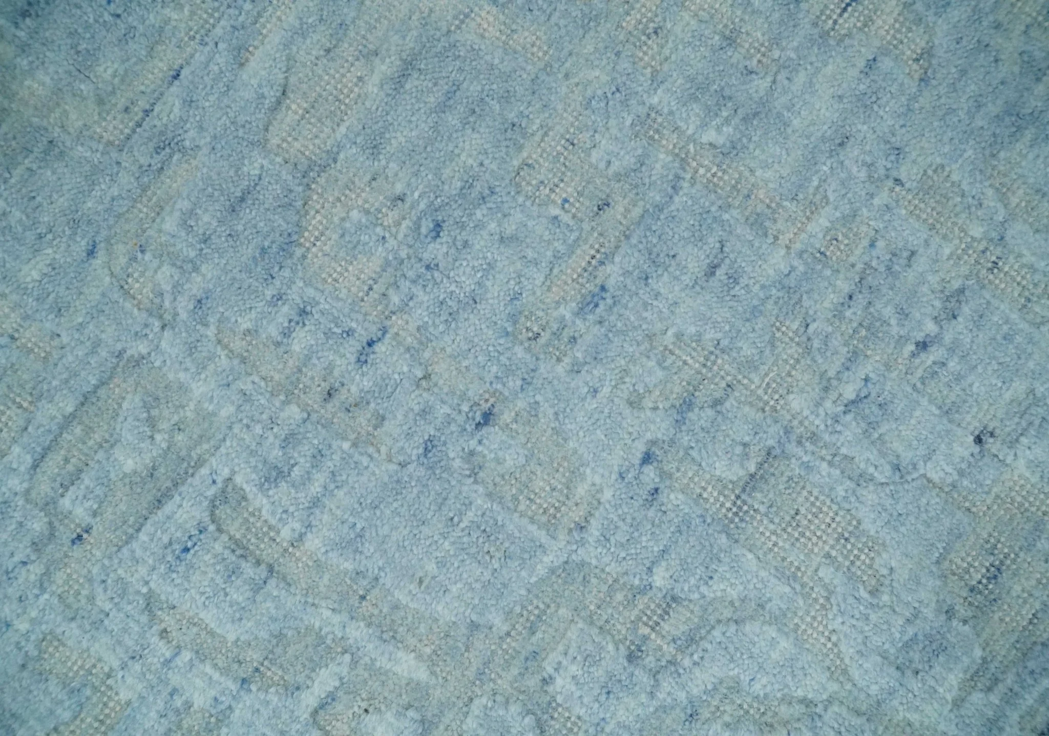Modern Abstract 8x10 Hand Loomed Silver and Aqua High Low Pile Blended Wool Rug - Image 4