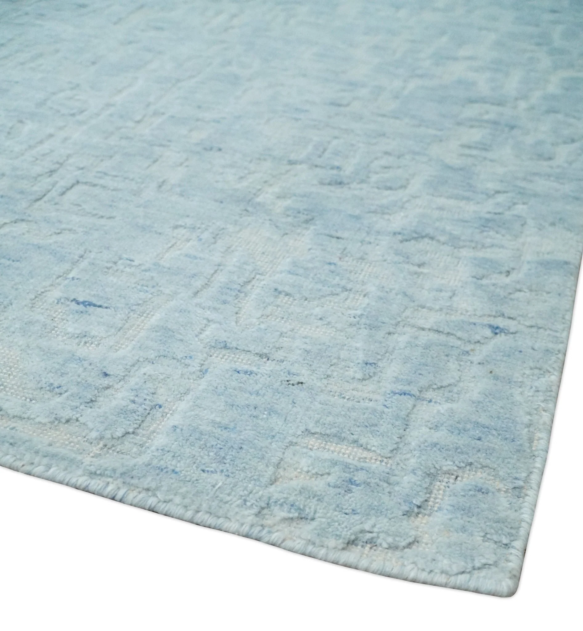 Modern Abstract 8x10 Hand Loomed Silver and Aqua High Low Pile Blended Wool Rug - Image 5