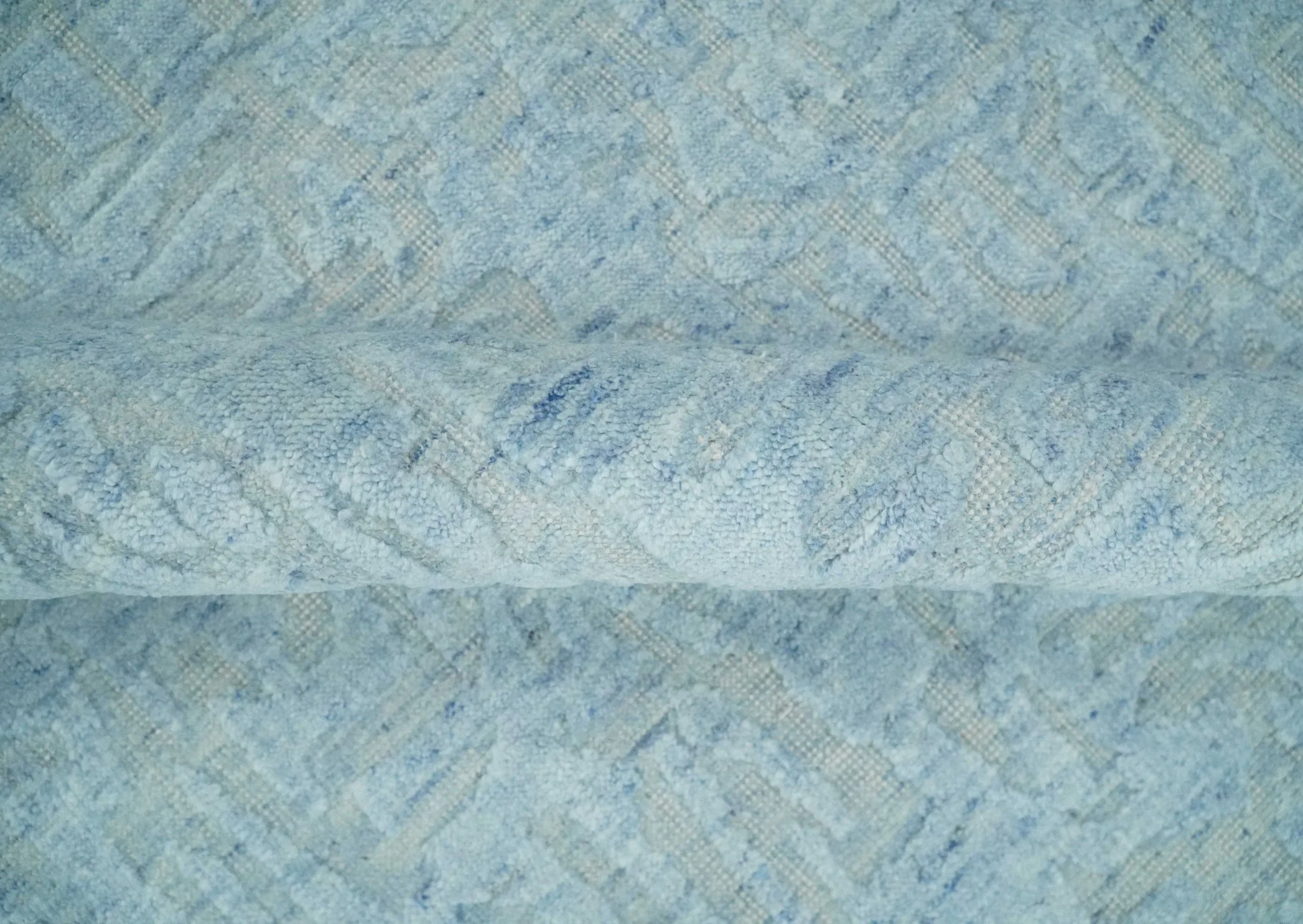 Modern Abstract 8x10 Hand Loomed Silver and Aqua High Low Pile Blended Wool Rug - Image 6