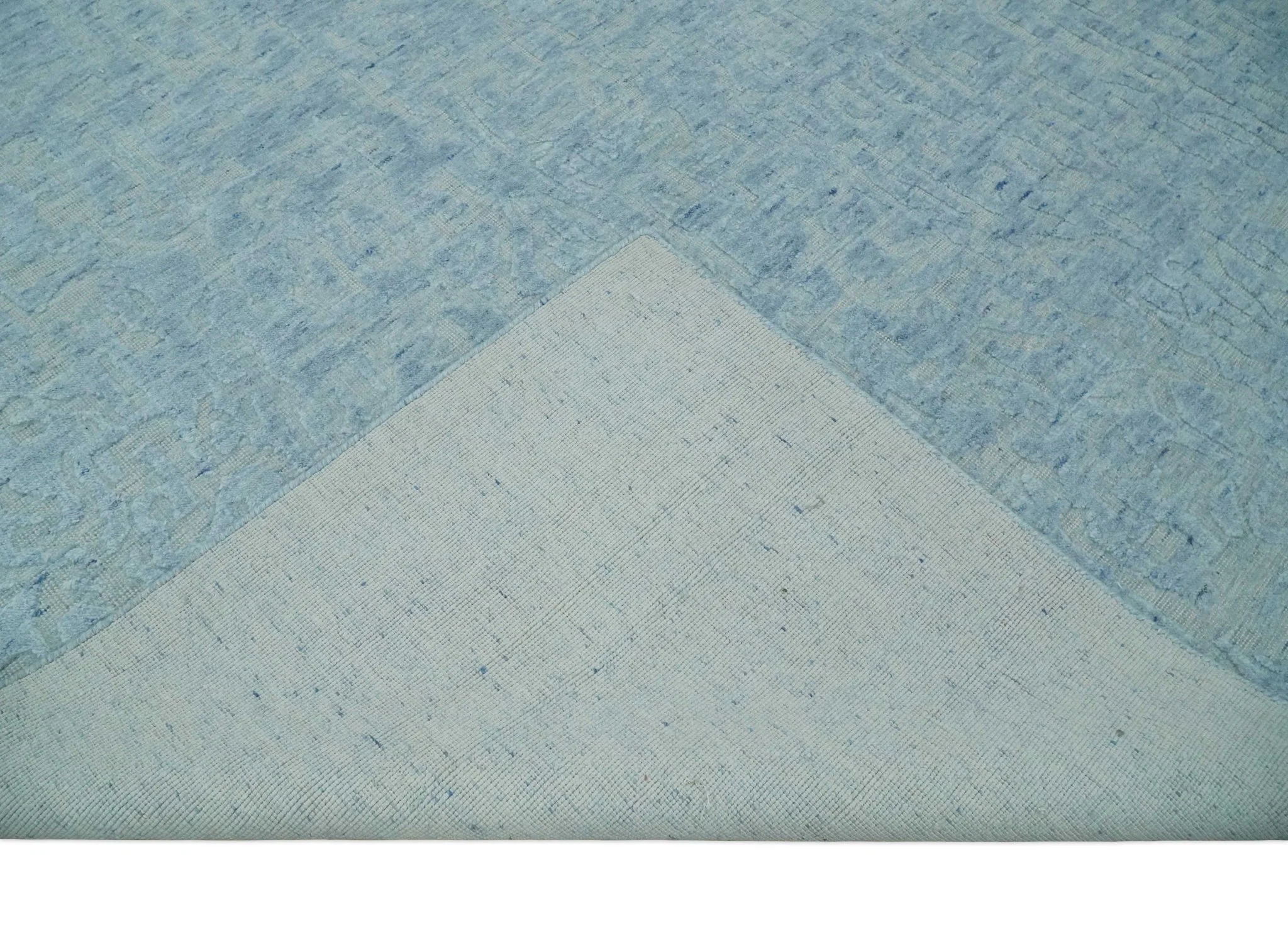 Modern Abstract 8x10 Hand Loomed Silver and Aqua High Low Pile Blended Wool Rug - Image 7