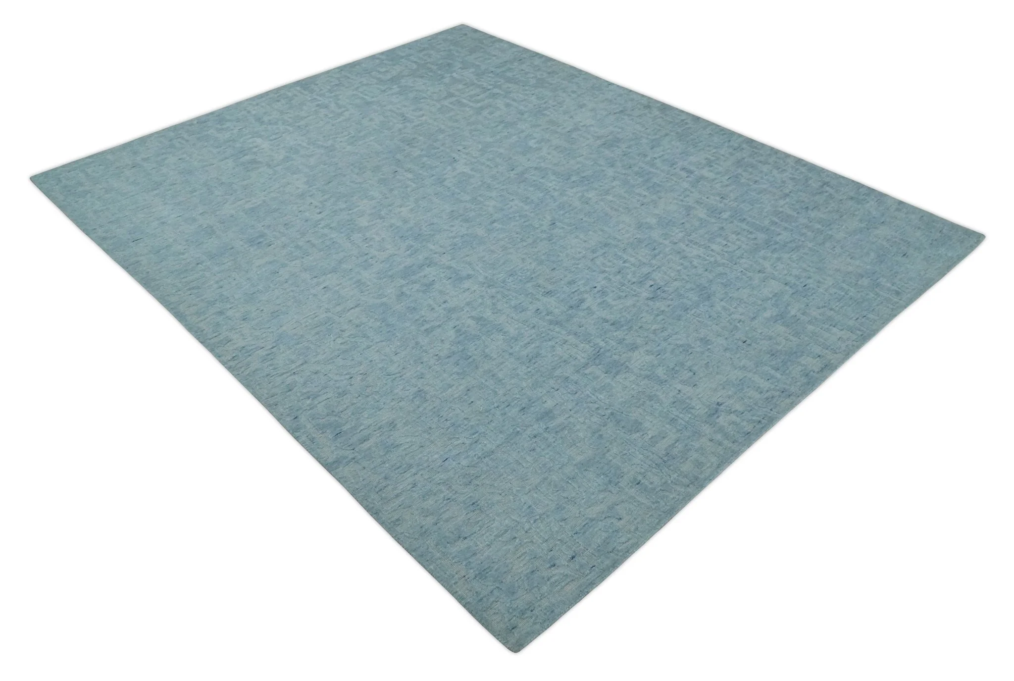 Modern Abstract 8x10 Hand Loomed Silver and Aqua High Low Pile Blended Wool Rug - Image 9