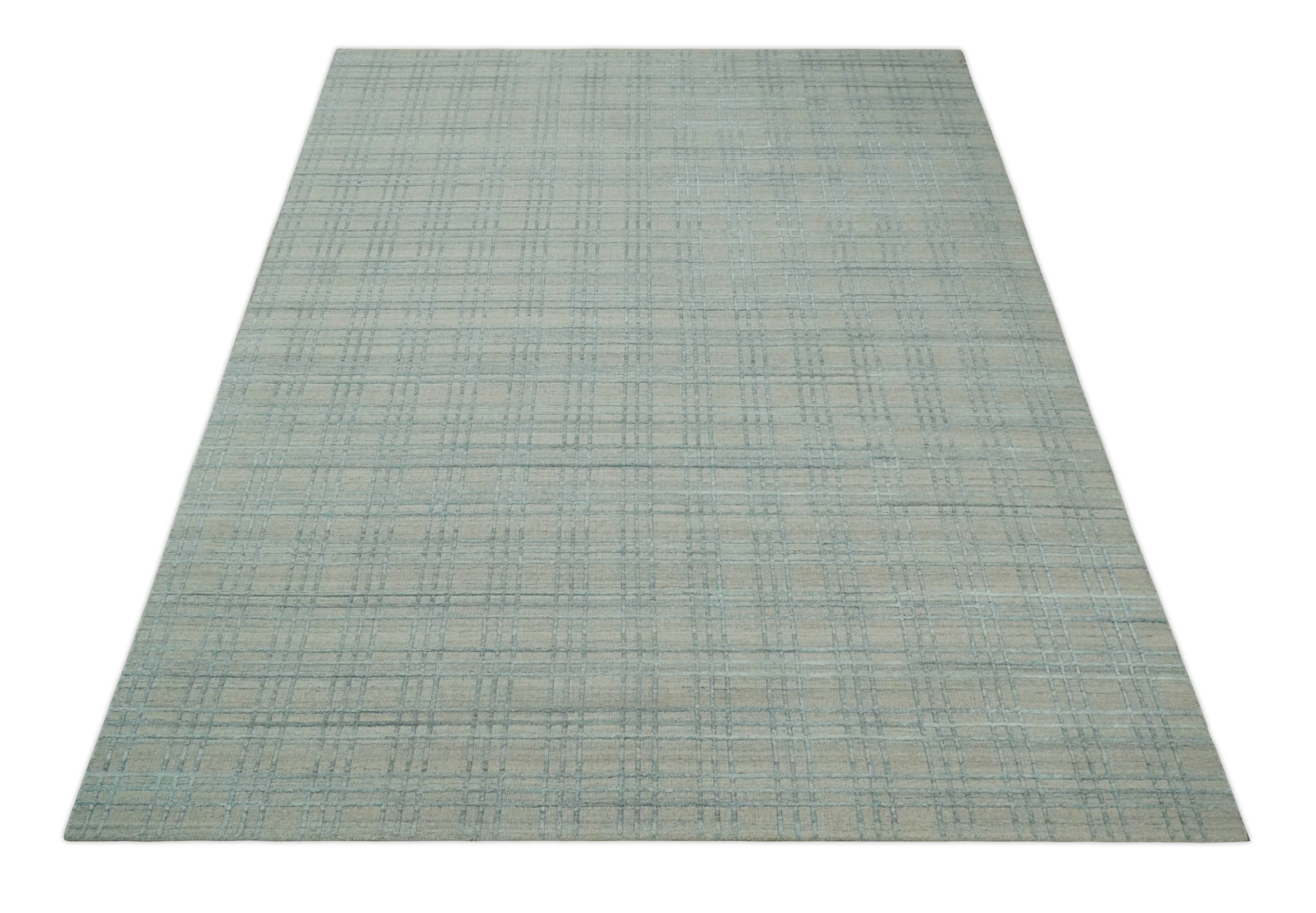 Hand Made 8x10 Modern Geometric striped Beige and Silver Scandinavian Blended Wool Flatwoven Area Rug | KE11 - Image 11