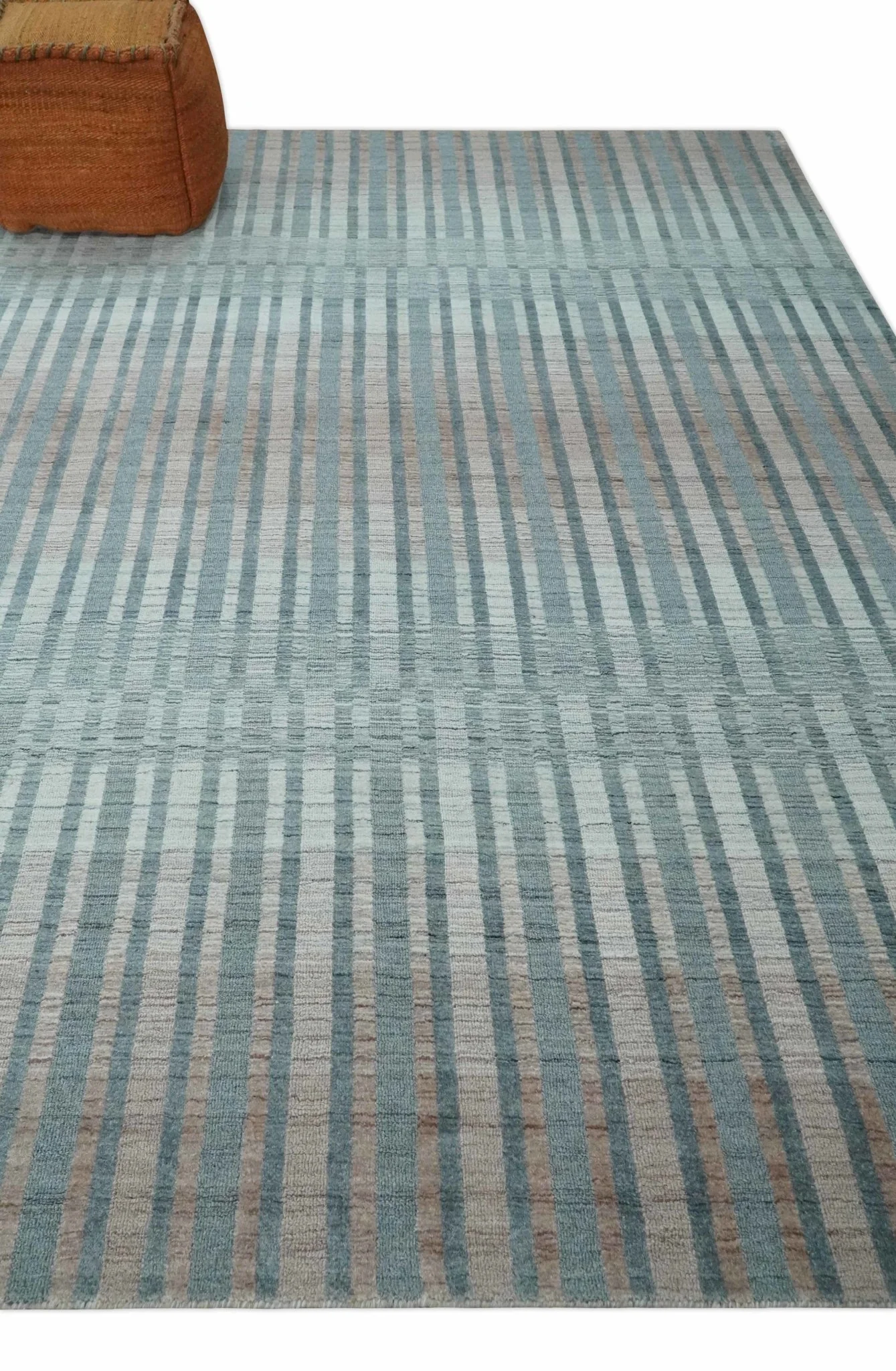 Hand Made 8x10 Modern Stripes Peach, Gray and Silver Scandinavian Blended Wool Flatwoven Area Rug | KE17 - Image 3