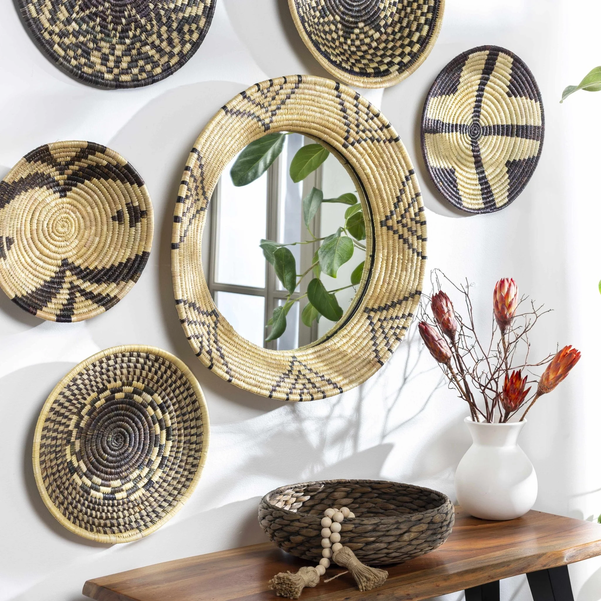 Hand Made Beige and Charcoal Ring Framed hanging wall mirror - Image 4
