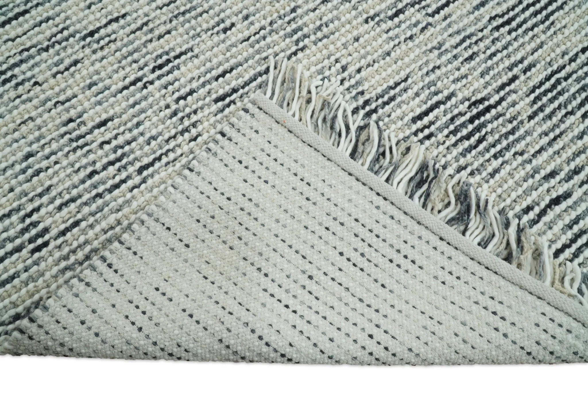 Hand Made Beige and Blue Woolen Chunky and Soft Area Rug - Image 6