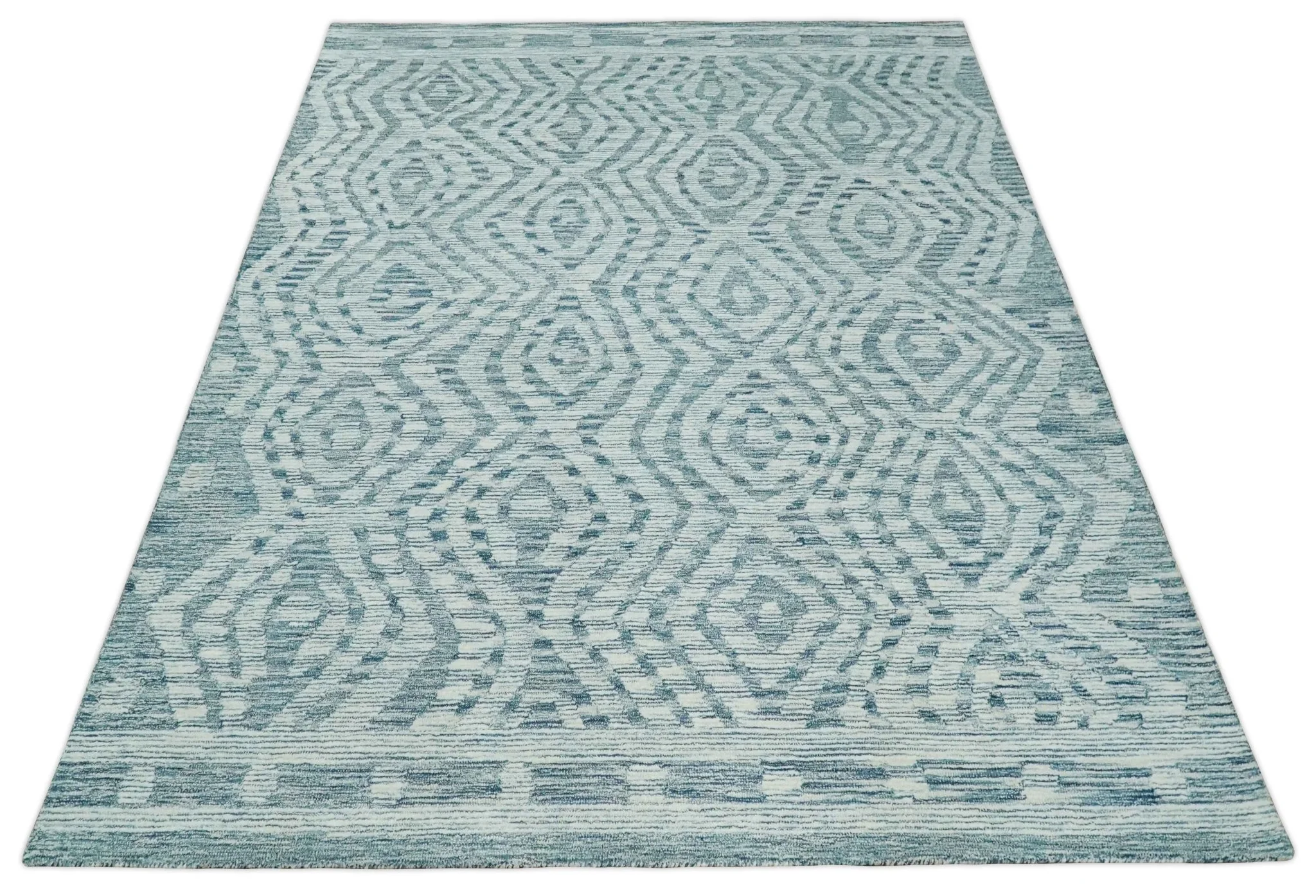 Tribal Modern Hand Tufted Woolen White and Blue Multi Size Area Rug - Image 10