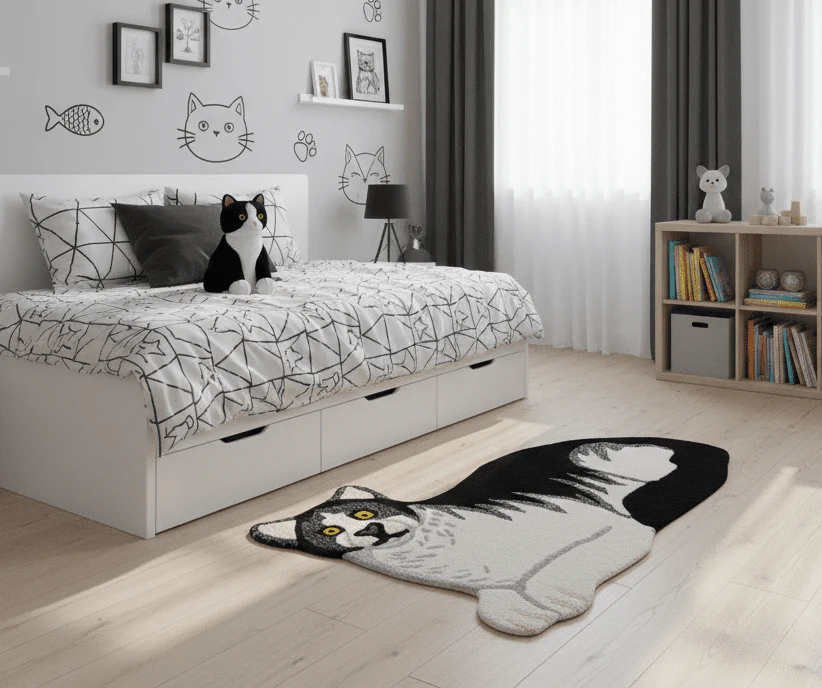 Hand Tufted 2x3 Animal Black And White Cat Wool Area Rug - Image 2