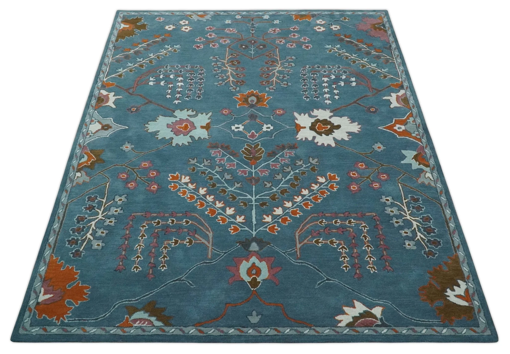 Tree of life Hand Tufted Teal Blue, Brown and Red Traditional Floral Custom Made Wool Area Rug, Kids, Living Room and Bedroom Rug - Image 10