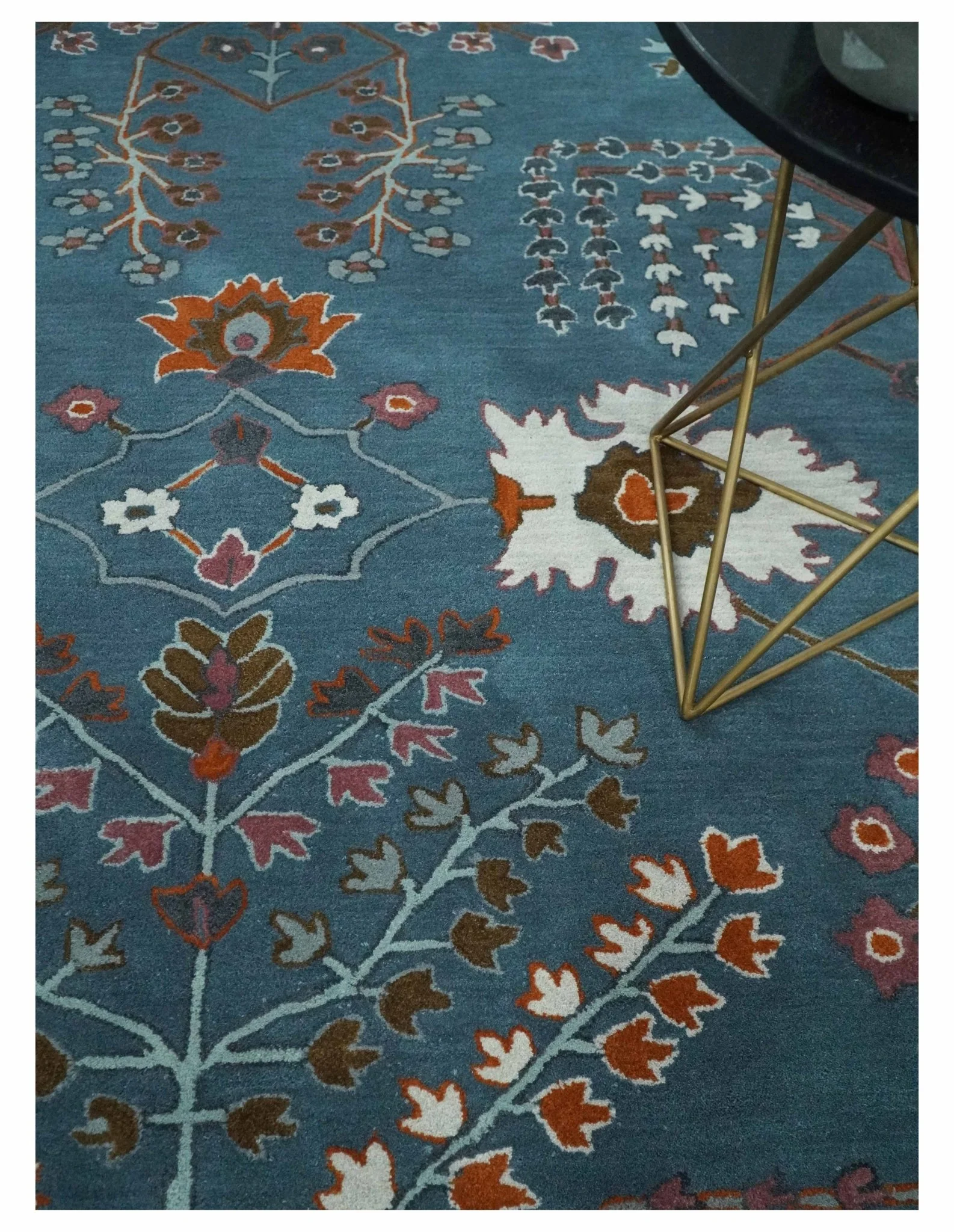 Tree of life Hand Tufted Teal Blue, Brown and Red Traditional Floral Custom Made Wool Area Rug, Kids, Living Room and Bedroom Rug - Image 2