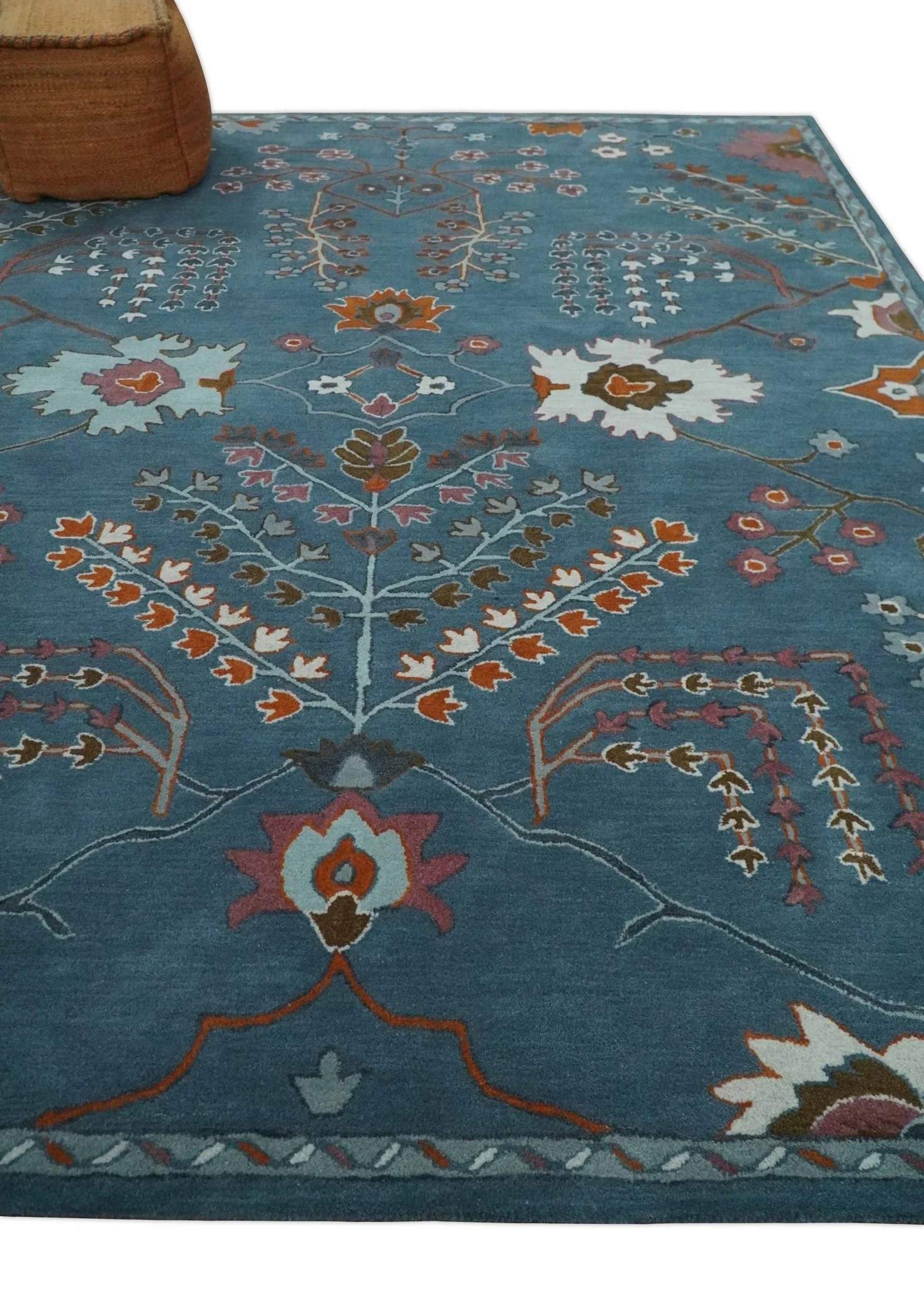 Tree of life Hand Tufted Teal Blue, Brown and Red Traditional Floral Custom Made Wool Area Rug, Kids, Living Room and Bedroom Rug - Image 3