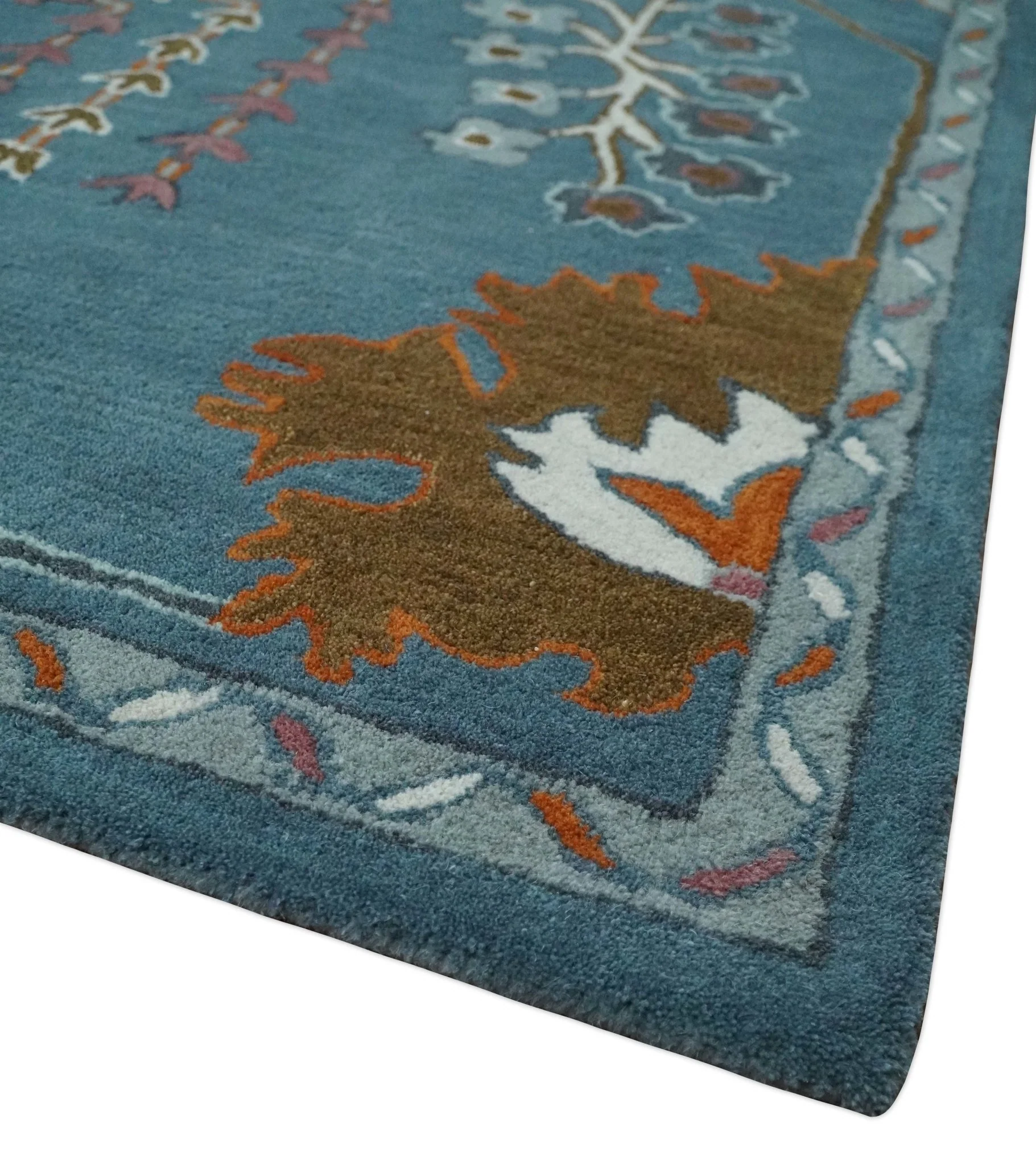 Tree of life Hand Tufted Teal Blue, Brown and Red Traditional Floral Custom Made Wool Area Rug, Kids, Living Room and Bedroom Rug - Image 5