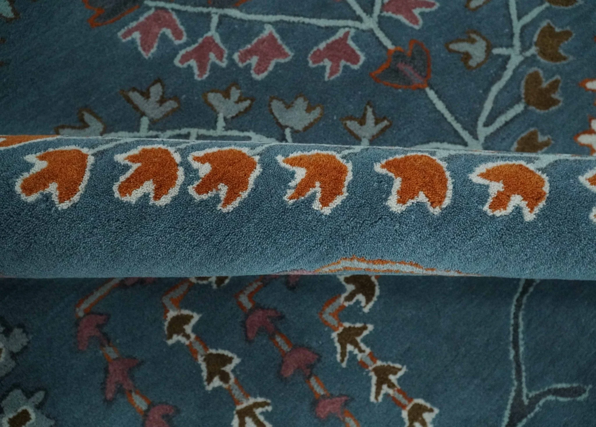 Tree of life Hand Tufted Teal Blue, Brown and Red Traditional Floral Custom Made Wool Area Rug, Kids, Living Room and Bedroom Rug - Image 6