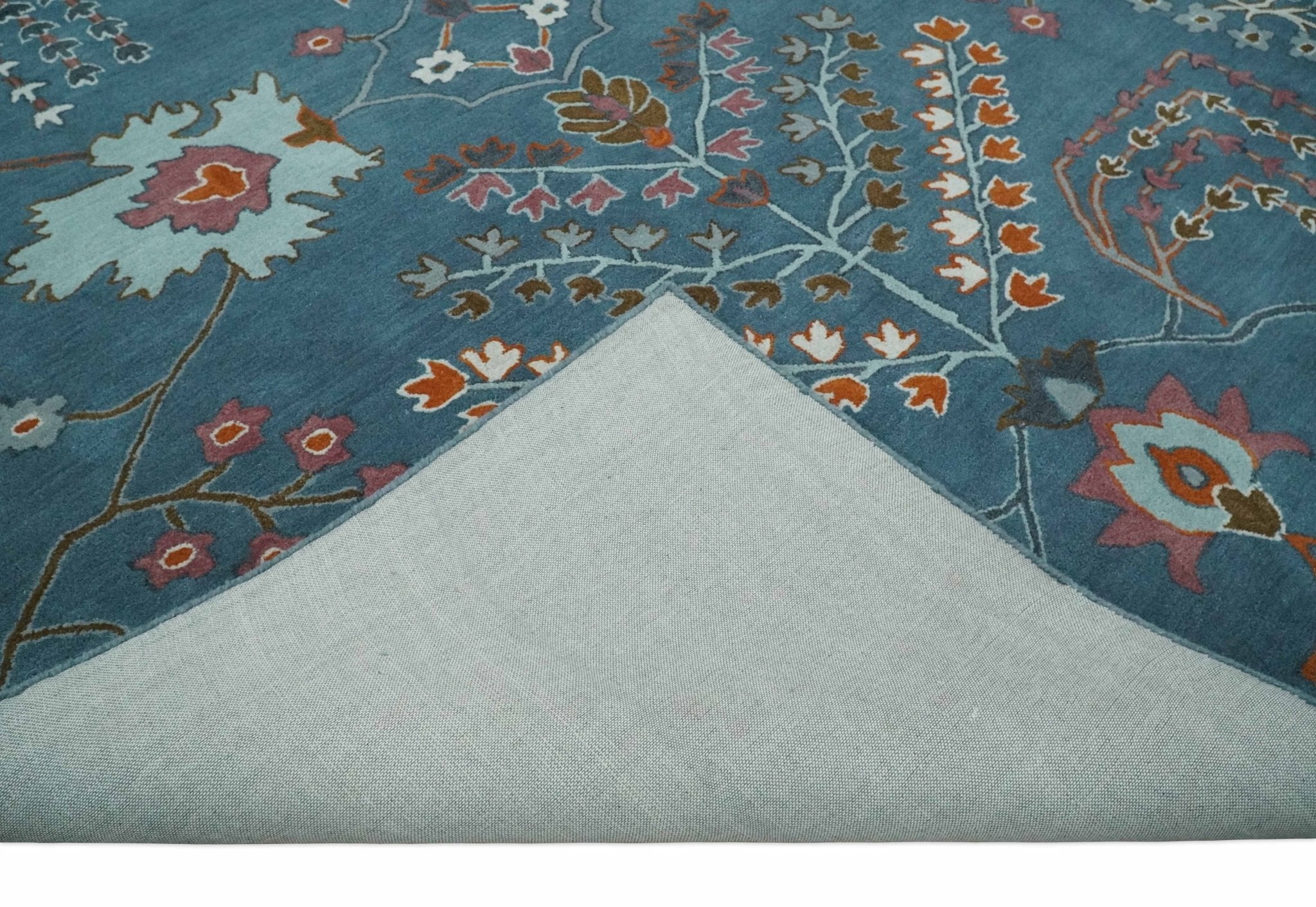 Tree of life Hand Tufted Teal Blue, Brown and Red Traditional Floral Custom Made Wool Area Rug, Kids, Living Room and Bedroom Rug - Image 7