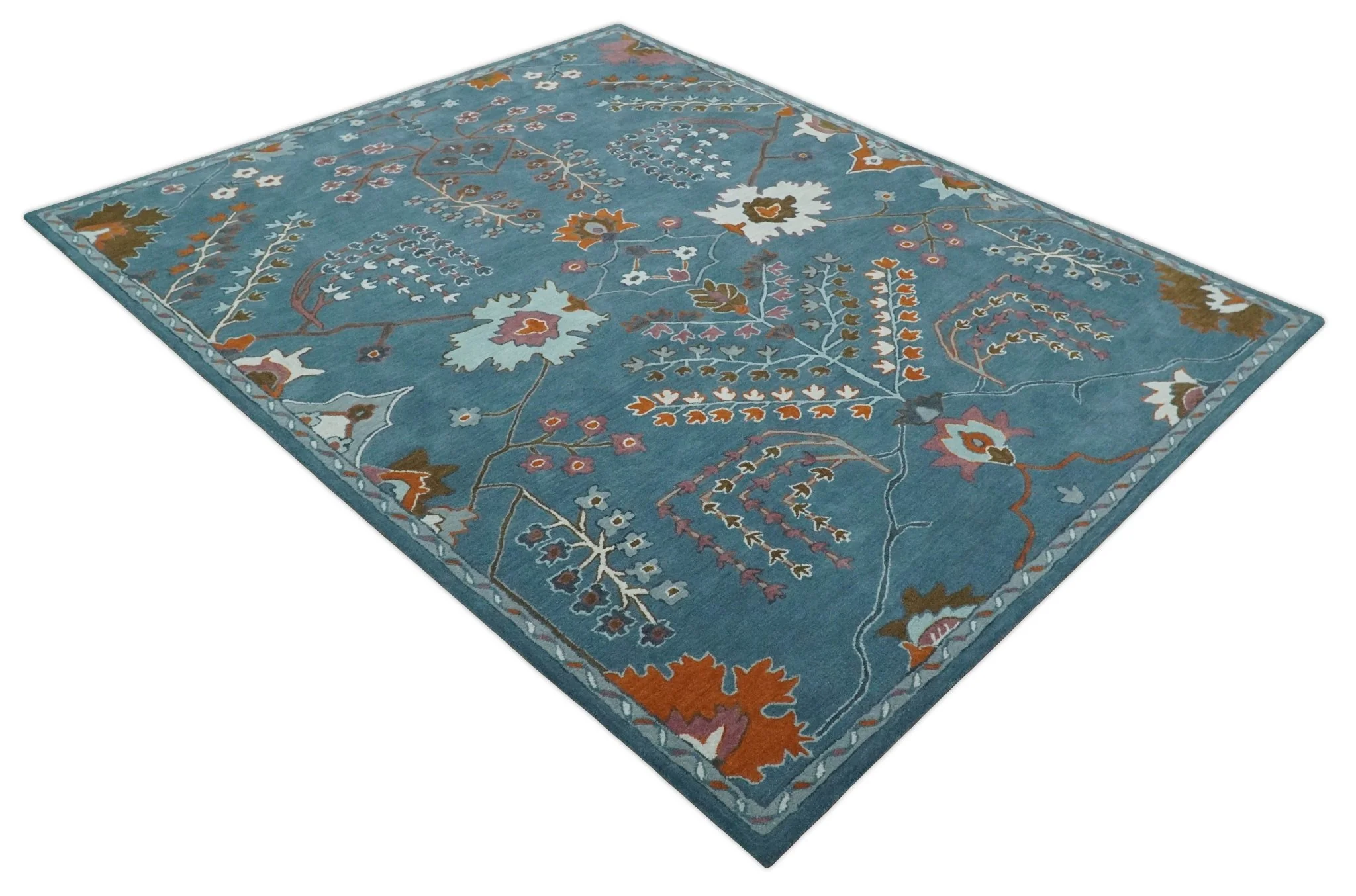 Tree of life Hand Tufted Teal Blue, Brown and Red Traditional Floral Custom Made Wool Area Rug, Kids, Living Room and Bedroom Rug - Image 9