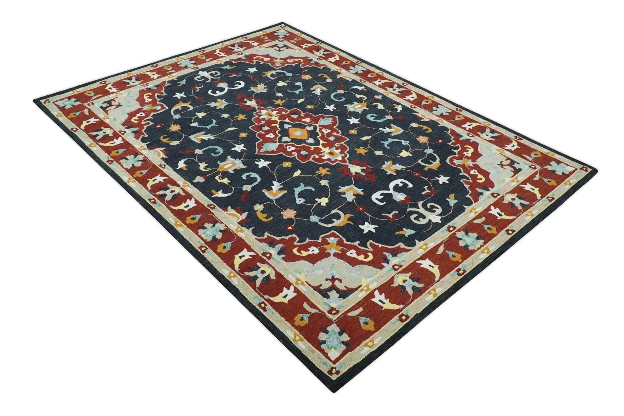 Hand Tufted Black, Rust and Beige Persian Style Antique Oriental Wool Area Rug - Image 11