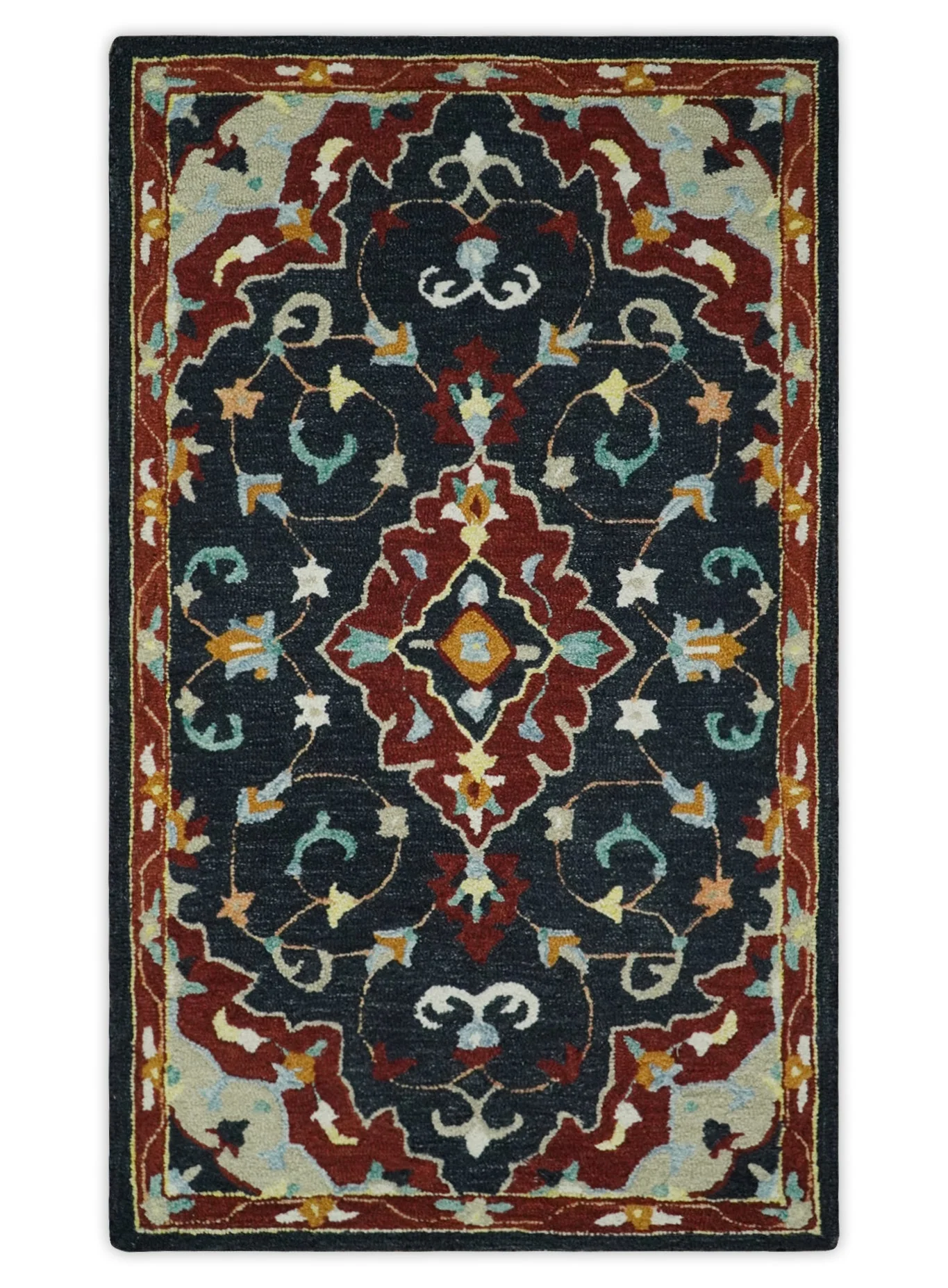 Hand Tufted Black, Rust and Beige Persian Style Antique Oriental Wool Area Rug - Image 12